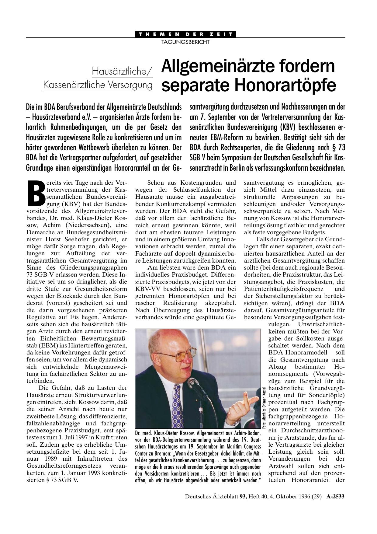 Vorschauseite 1: Hausärztliche/ Kassenärztliche Versorgung: Allgemeinärzte fordern separate Honorartöpfe