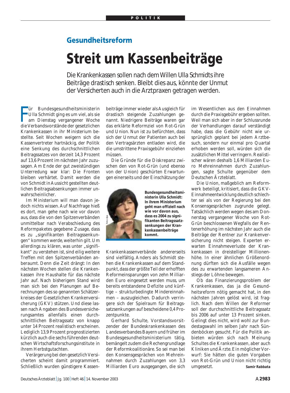 Vorschauseite 1: Gesundheitsreform: Streit um Kassenbeiträge