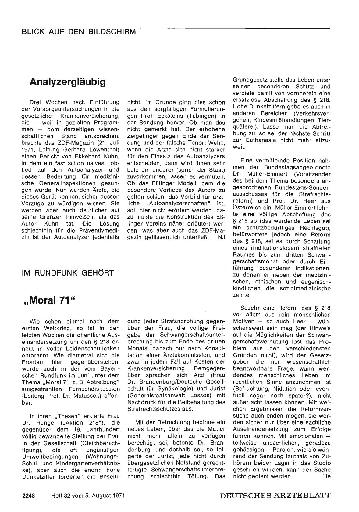 Vorschauseite 1: Im Rundfunk gehört: "Moral 71"