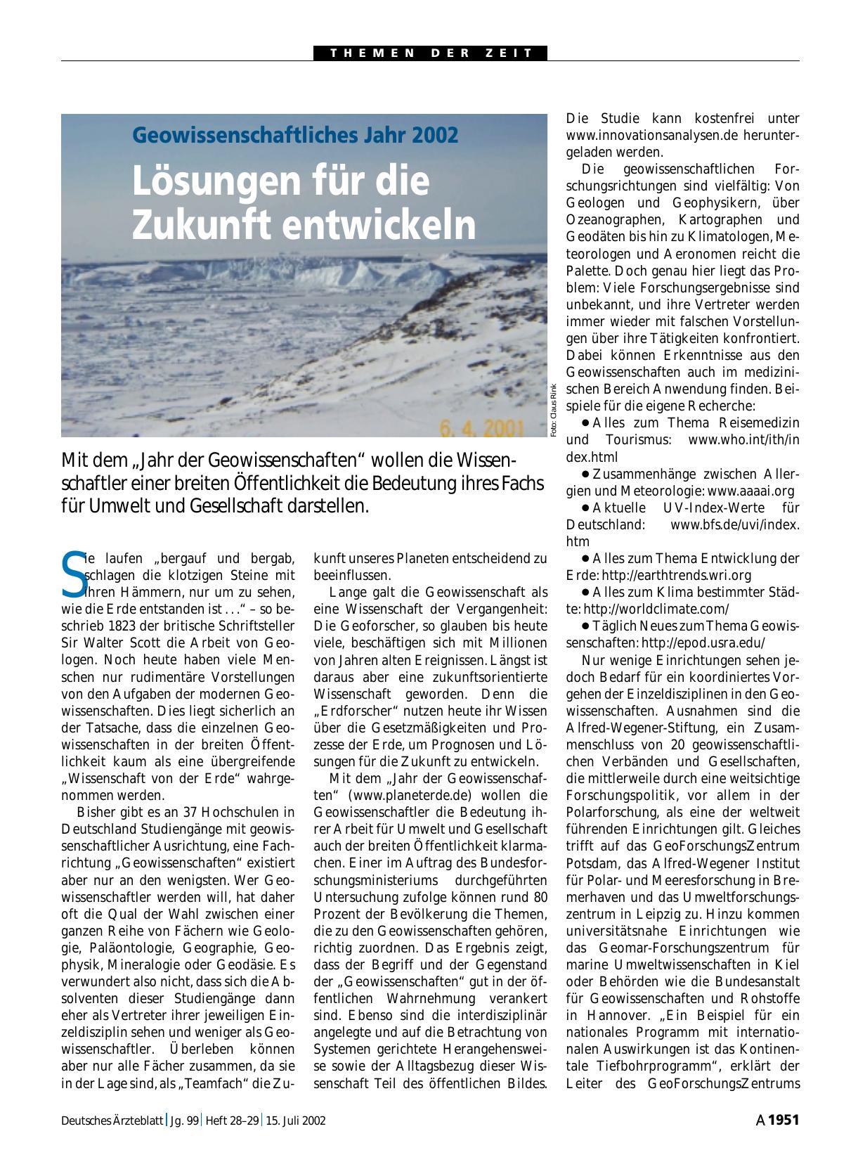 Vorschauseite 1: Geowissenschaftliches Jahr 2002: Lösungen für die Zukunft entwickeln