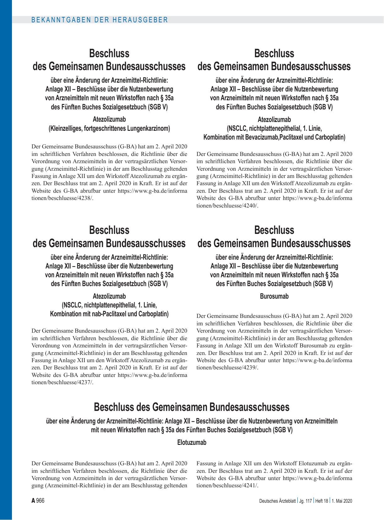 Vorschauseite 1: Beschluss des Gemeinsamen Bundesausschusses über eine Änderung der Arzneimittel-Richtlinie: Anlage XII – Elotuzumab