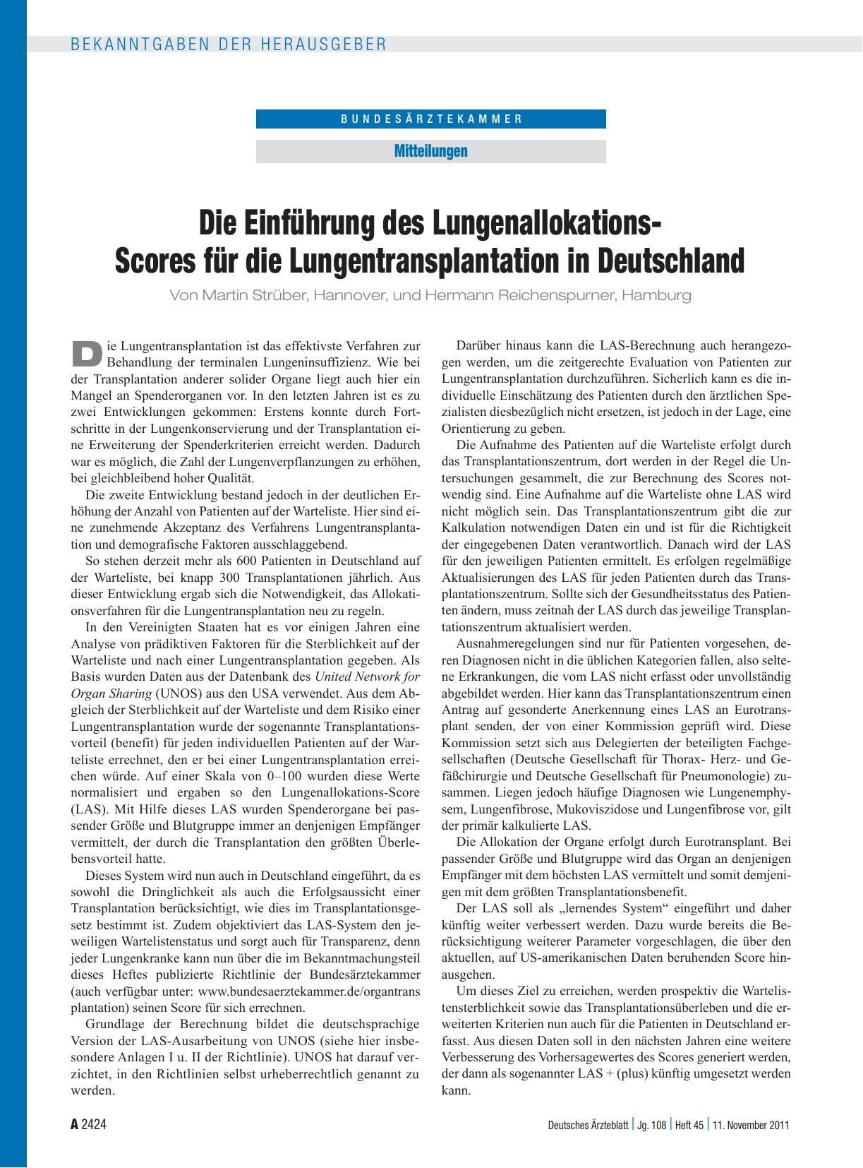 Vorschauseite 1: Die Einführung des Lungenallokations-Scores für die Lungentransplantation in Deutschland