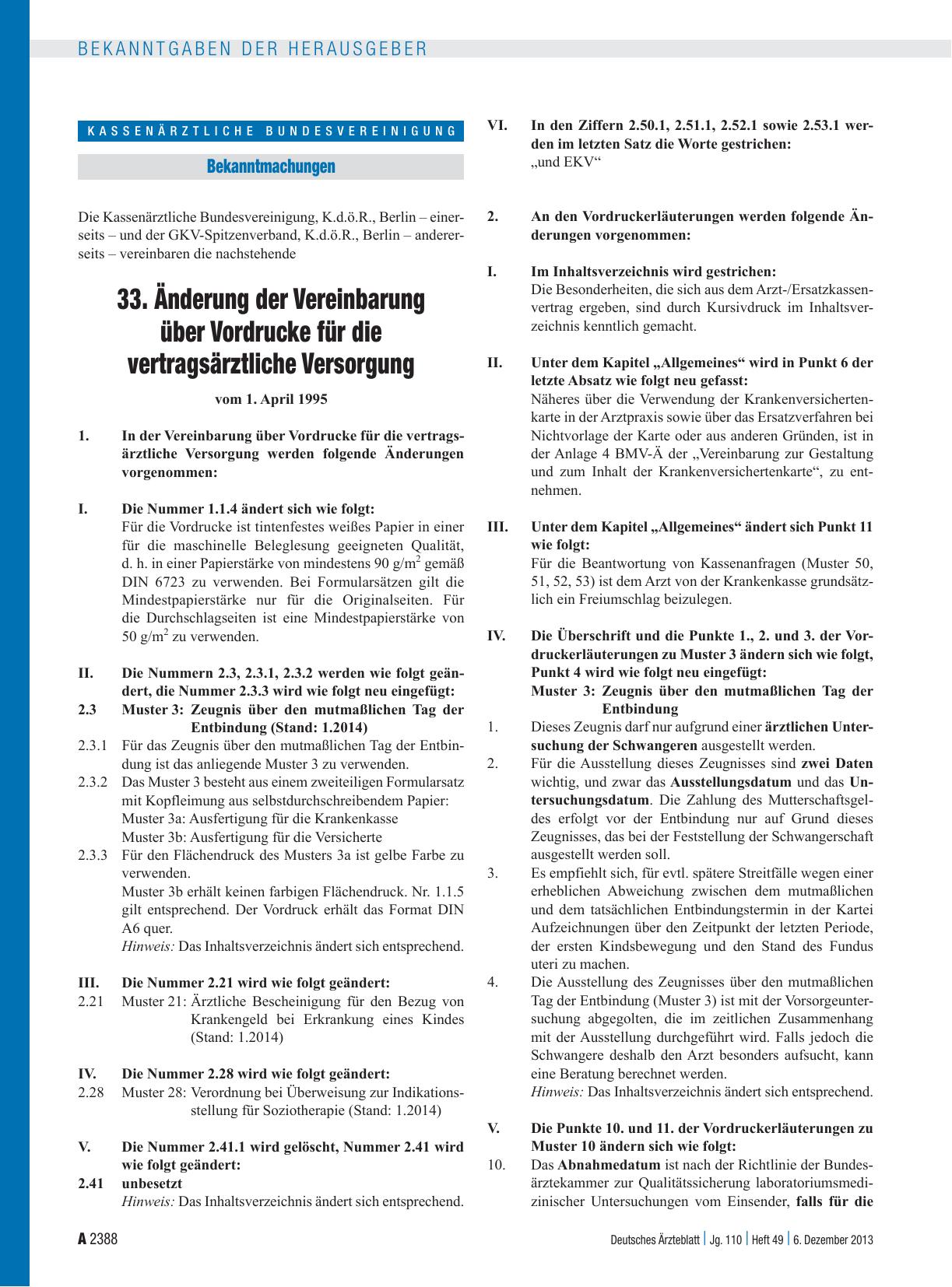 Vorschauseite 1: 33. Änderung der Vereinbarung über Vordrucke für die vertragsärztliche Versorgung