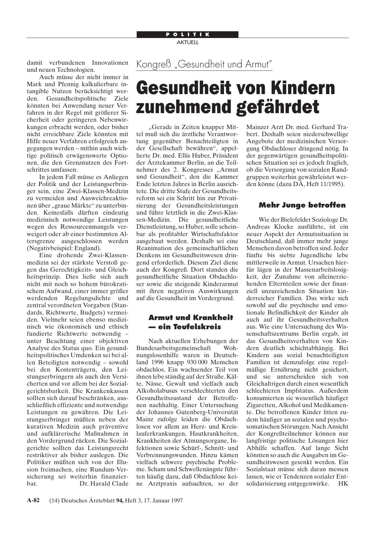 Vorschauseite 1: Kongreß „Gesundheit und Armut“: Gesundheit von Kindern zunehmend gefährdet