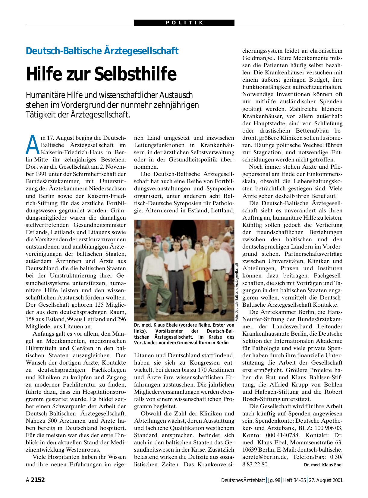Vorschauseite 1: Deutsch-Baltische Ärztegesellschaft: Hilfe zur Selbsthilfe