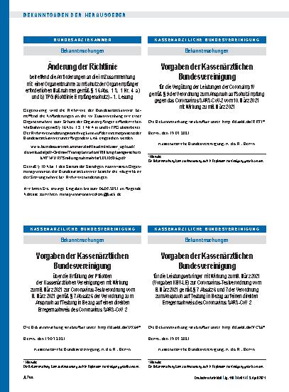 Vorschauseite 1: Vorgaben der Kassenärztlichen Bundesvereinigung über die Erfüllung der Pflichten der Kassenärztlichen Vereinigungen mit Wirkung zum 8. März 2021 zur Coronavirus-Testverordnung vom…