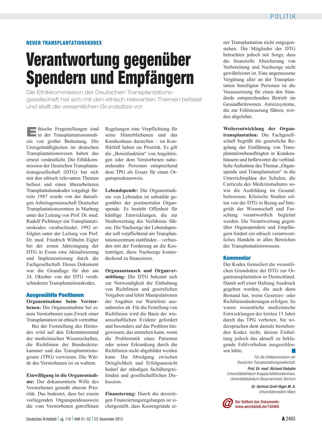 Vorschauseite 1: Neuer Transplantationskodex: Verantwortung gegenüber Spendern und Empfängern