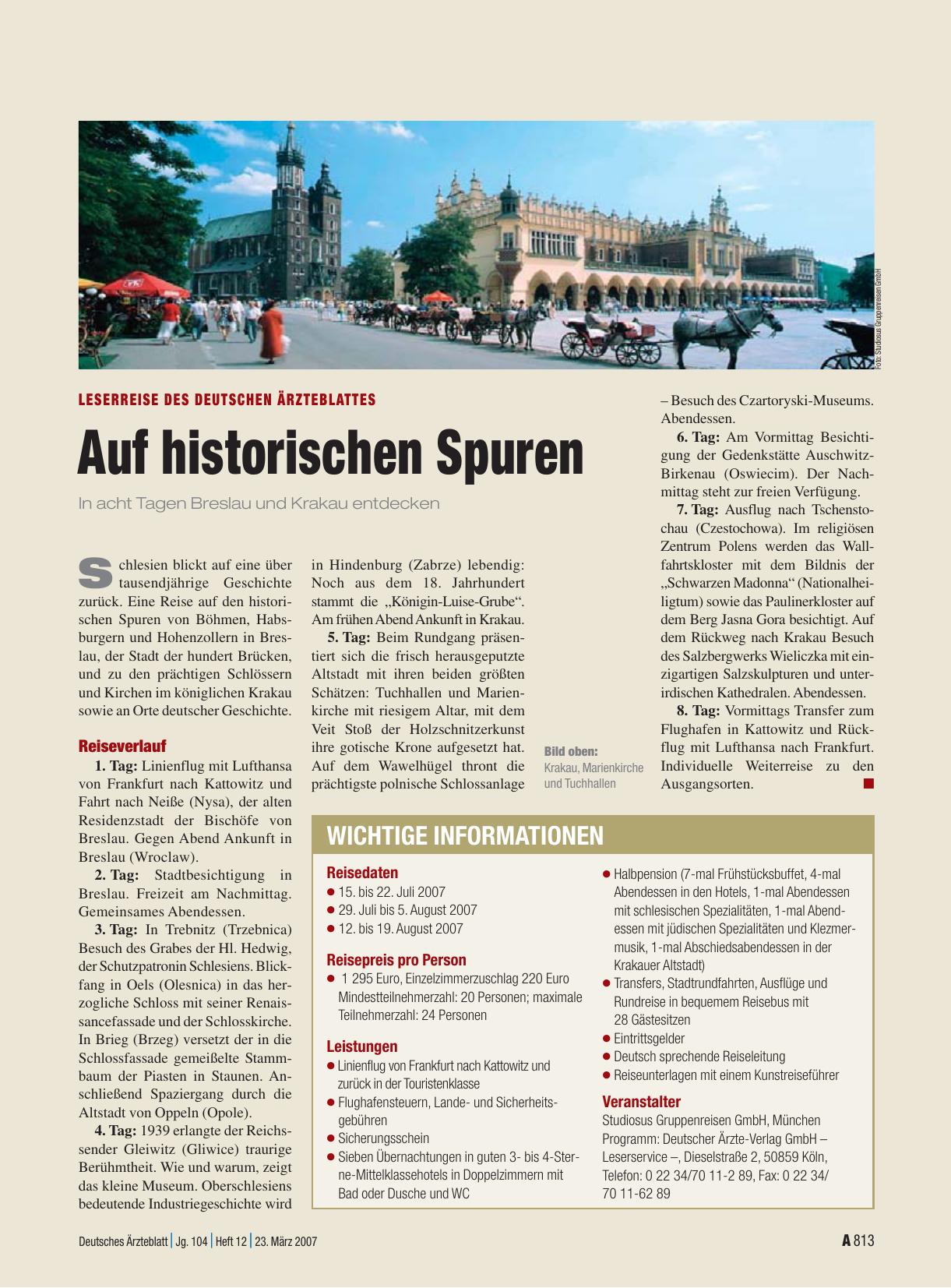 Vorschauseite 1: Leserreise des Deutschen Ärzteblattes: Auf historischen Spuren – In acht Tagen Breslau und Krakau entdecken