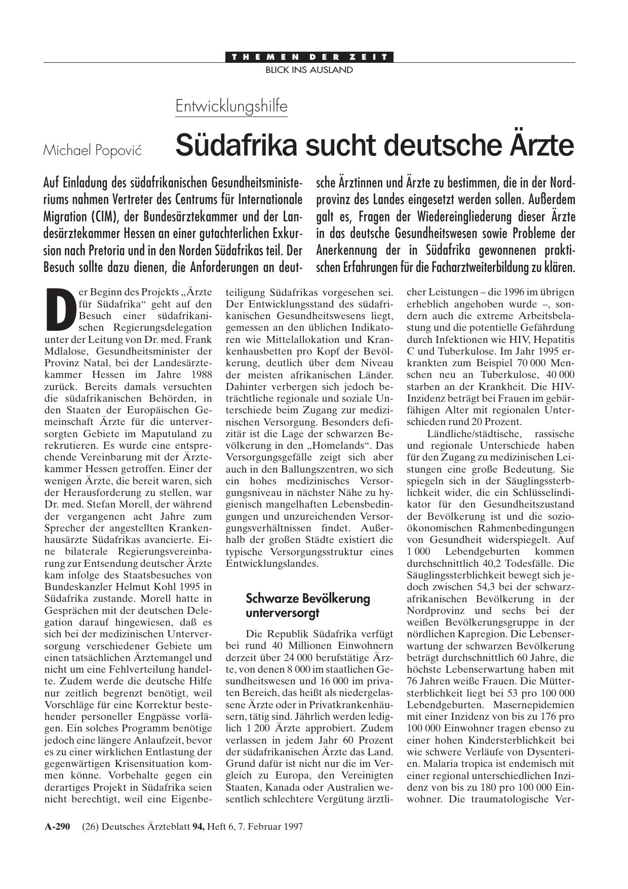 Vorschauseite 1: Entwicklungshilfe: Südafrika sucht deutsche Ärzte