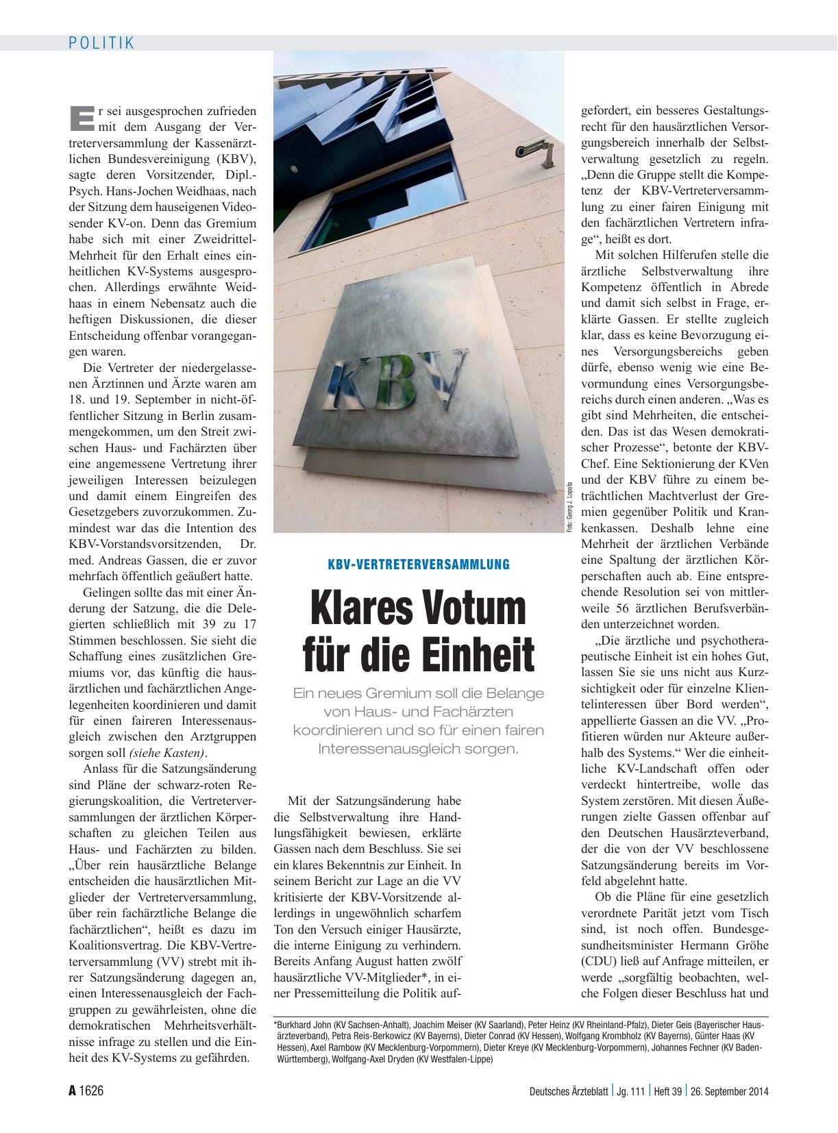 Vorschauseite 1: KBV-Vertreterversammlung: Klares Votum für die Einheit