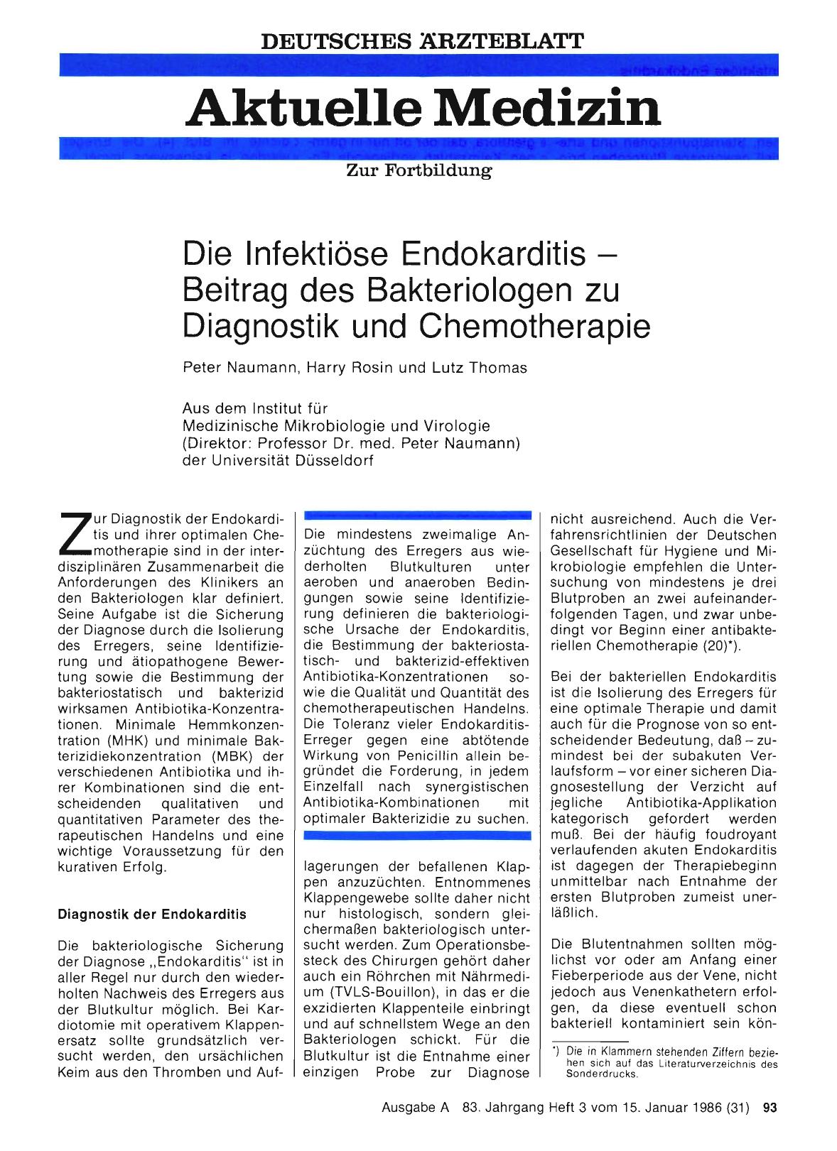 Vorschauseite 1: Die Infektiöse Endokarditis — Beitrag des Bakteriologen zu Diagnostik und Chemotherapie