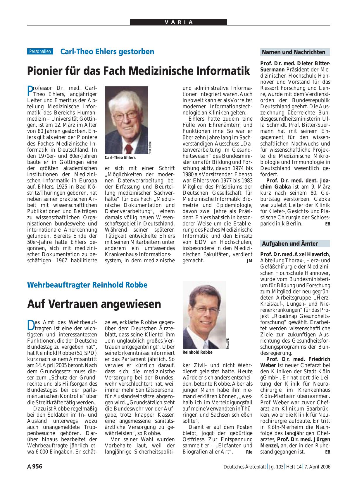 Vorschauseite 1: Carl-Theo Ehlers gestorben: Pionier für das Fach Medizinische Informatik
