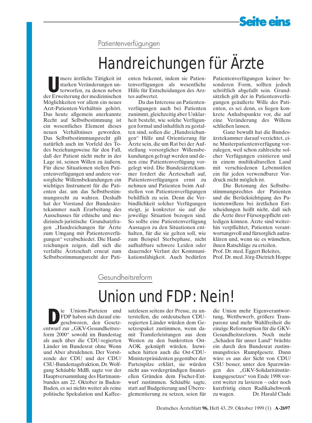 Vorschauseite 1: Gesundheitsreform – Union und FDP: Nein!