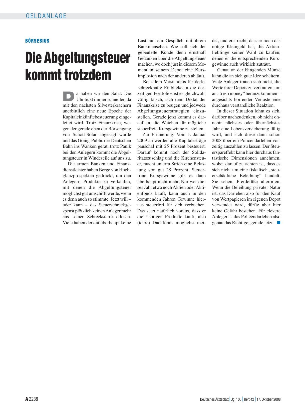 Vorschauseite 1: Börsebius: Die Abgeltungsteuer kommt trotzdem