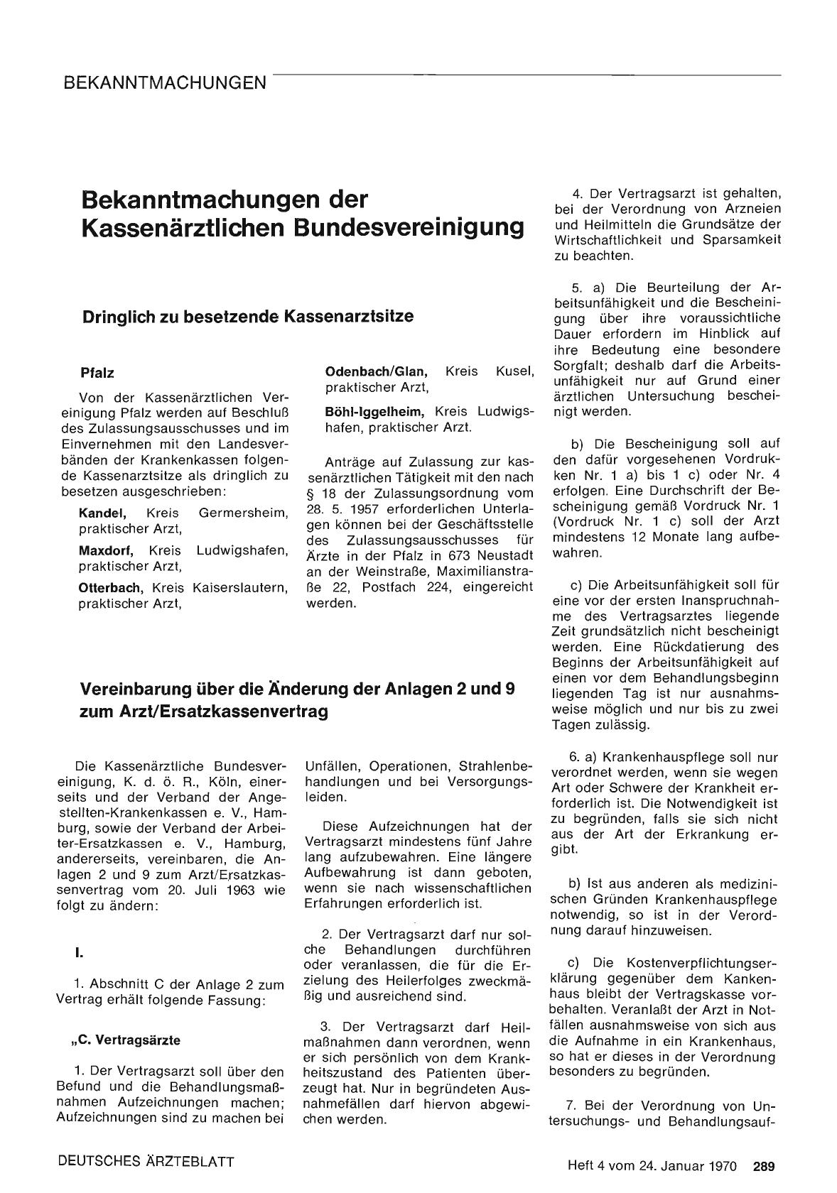 Vorschauseite 1: Bekanntmachungen der Kassenärztlichen Bundesvereinigung: Vereinbarung über die Änderung der Anlagen 2 und 9 zum Arzt/Ersatzkassenvertrag