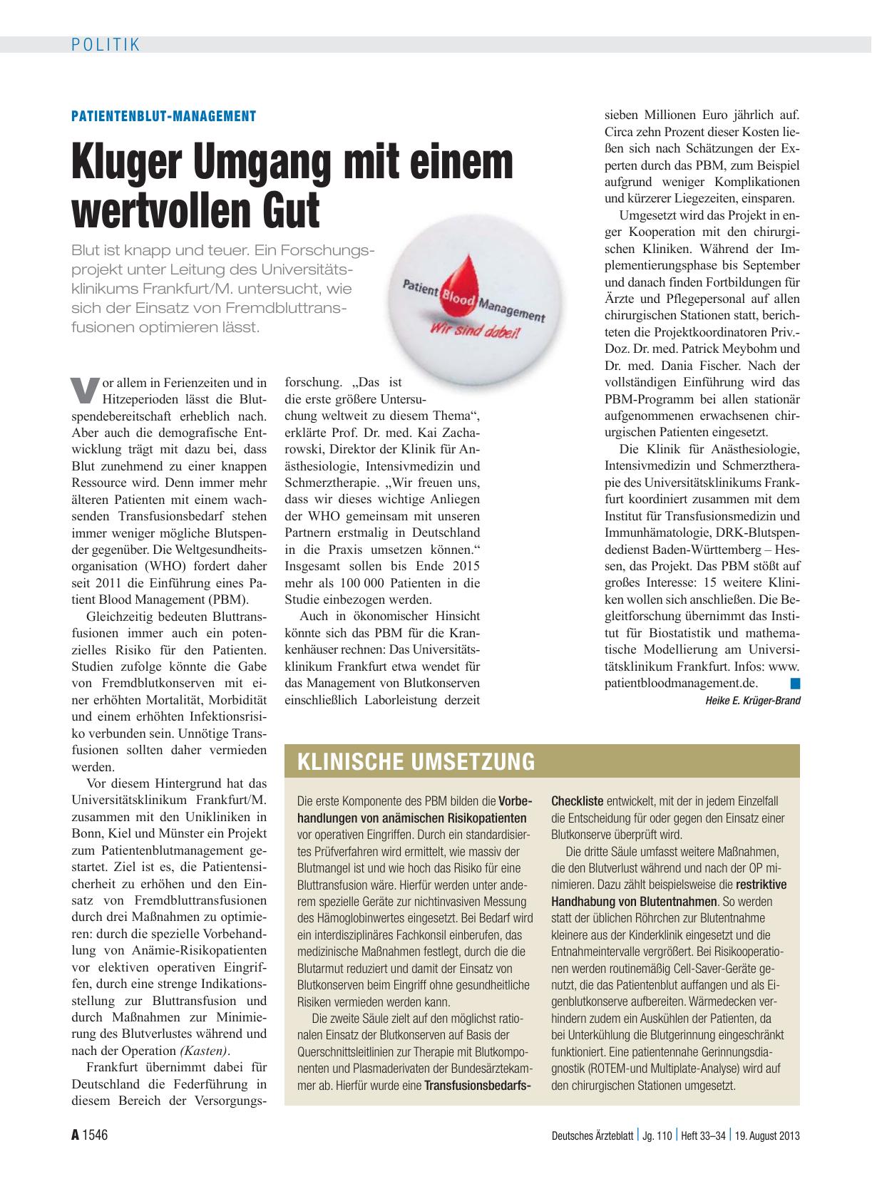Vorschauseite 1: Patientenblut-Management: Kluger Umgang mit einem wertvollen Gut