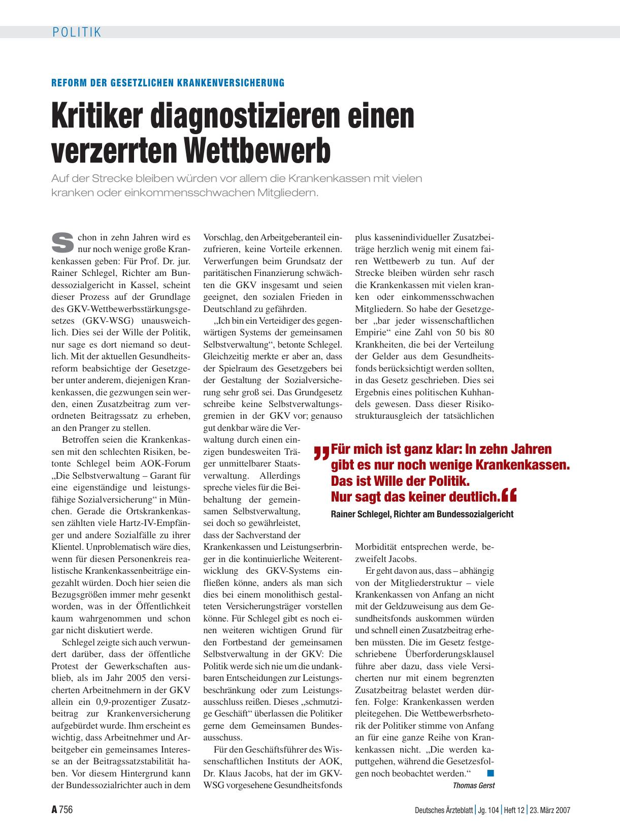 Vorschauseite 1: Reform der Gesetzlichen Krankenversicherung: Kritiker diagnostizieren einen verzerrten Wettbewerb
