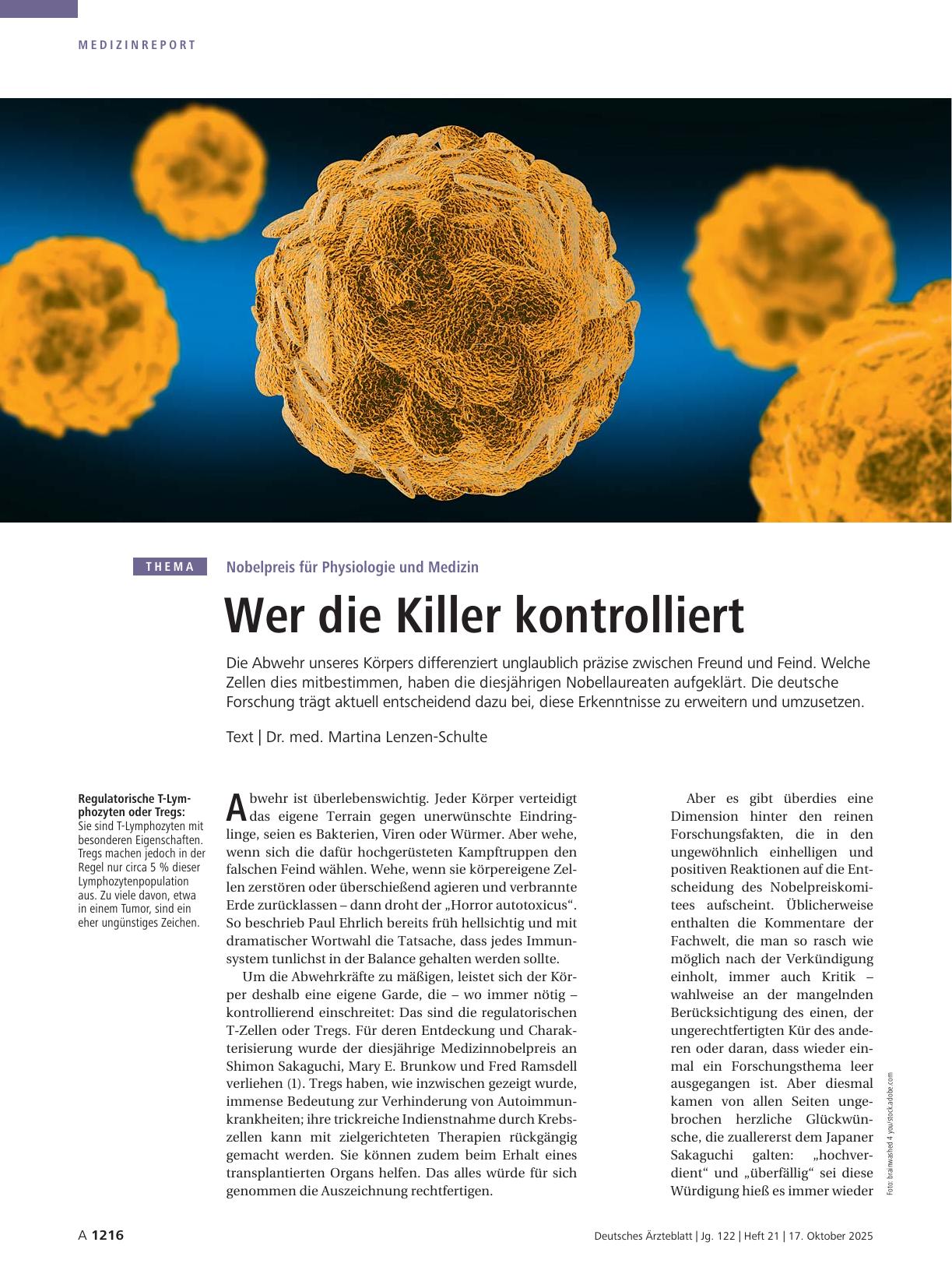 Vorschauseite 1: Nobelpreis für Physiologie und Medizin: Wer die Killer kontrolliert