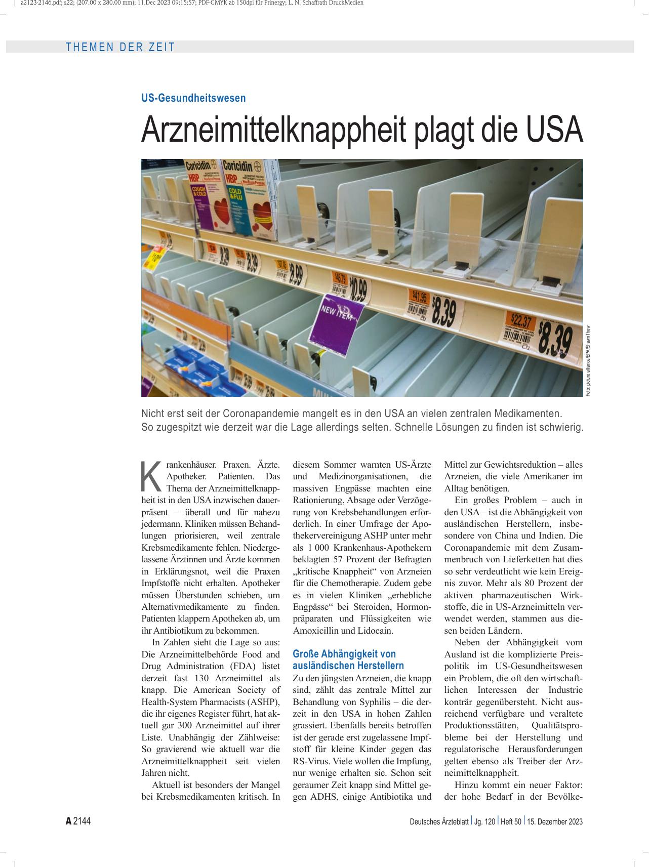 Vorschauseite 1: US-Gesundheitswesen: Arzneimittelknappheit plagt die USA
