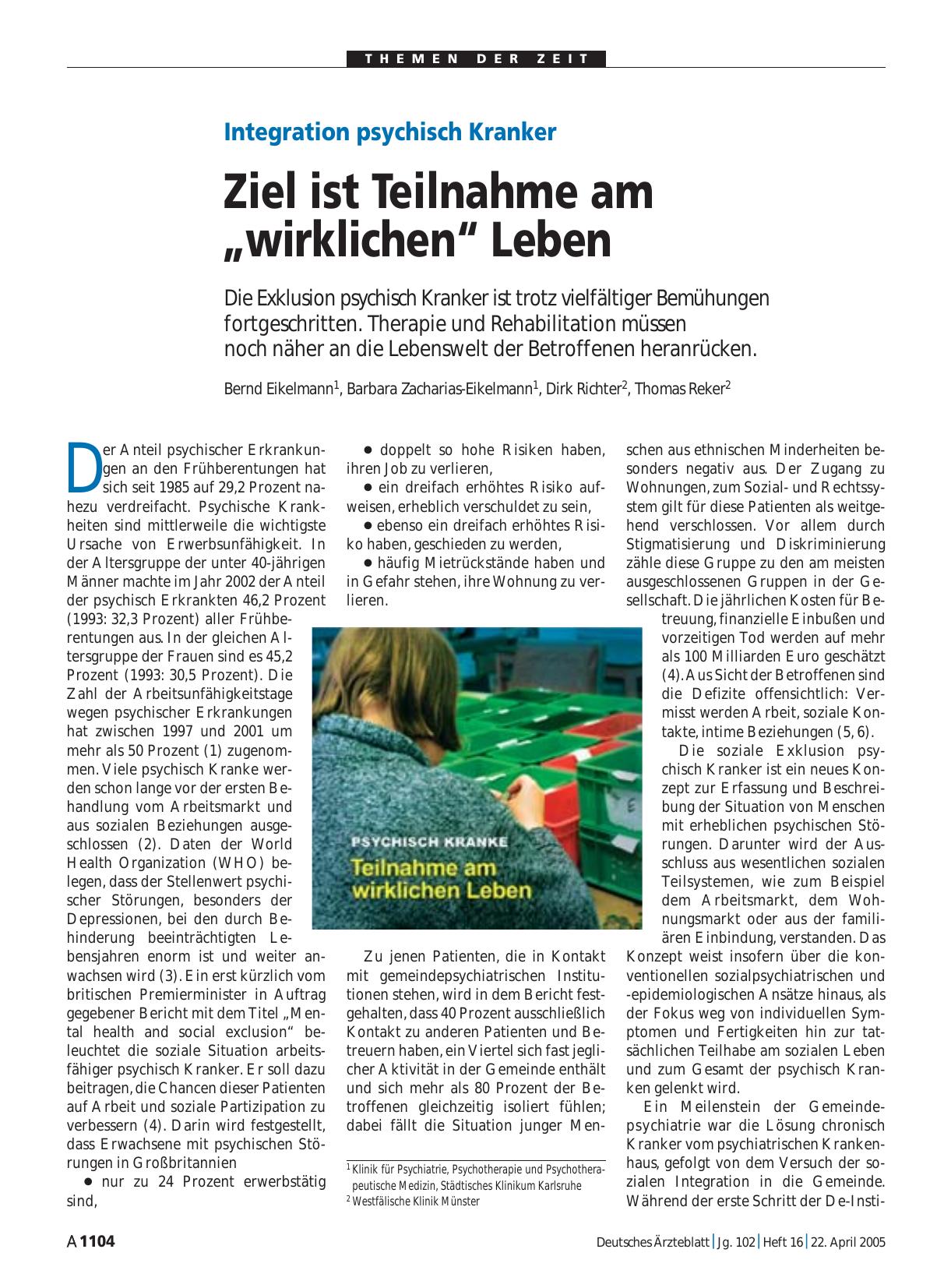 Vorschauseite 1: Integration psychisch Kranker: Ziel ist Teilnahme am „wirklichen“ Leben