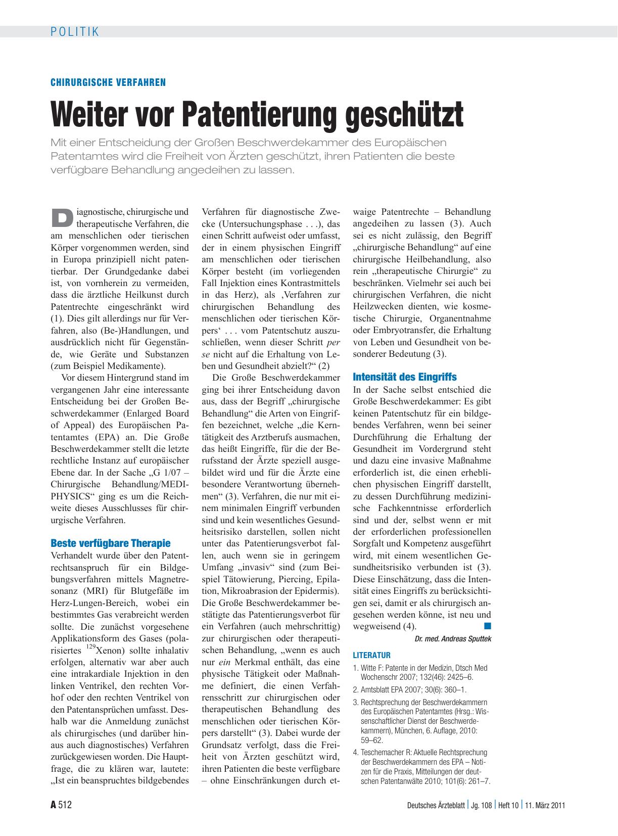Vorschauseite 1: Chirurgische Verfahren: Weiter vor Patentierung geschützt
