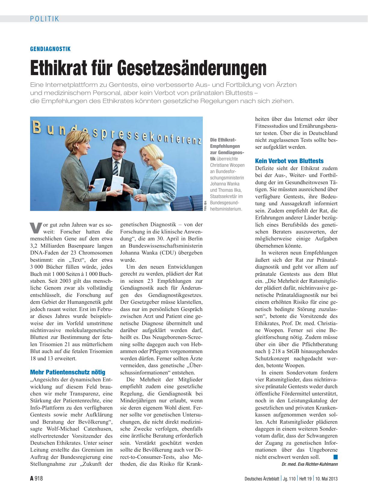 Vorschauseite 1: Gendiagnostik: Ethikrat für Gesetzesänderungen
