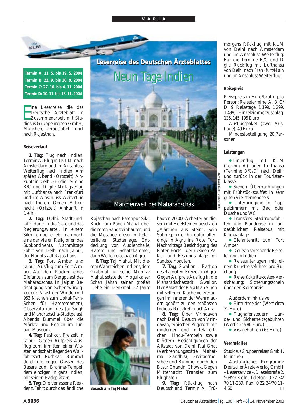 Vorschauseite 1: Leserreise des Deutschen Ärzteblattes: Neun Tage Indien
