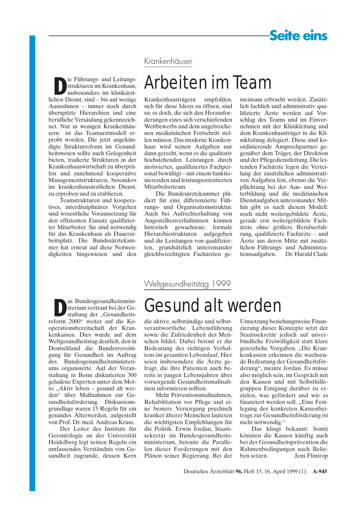Vorschauseite 1: Weltgesundheitstag 1999: Gesund alt werden