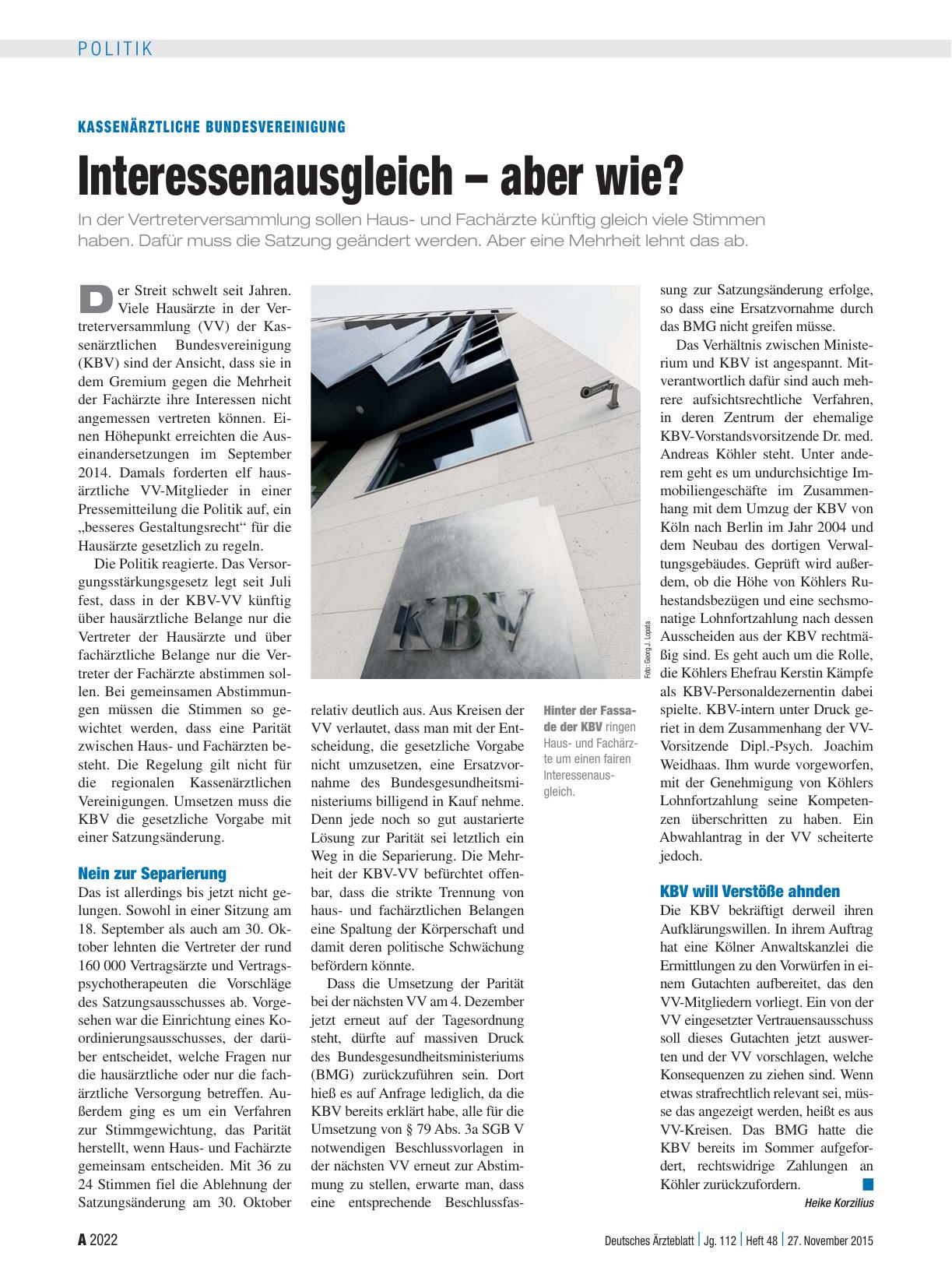 Vorschauseite 1: Kassenärztliche Bundesvereinigung: Interessenausgleich – aber wie?