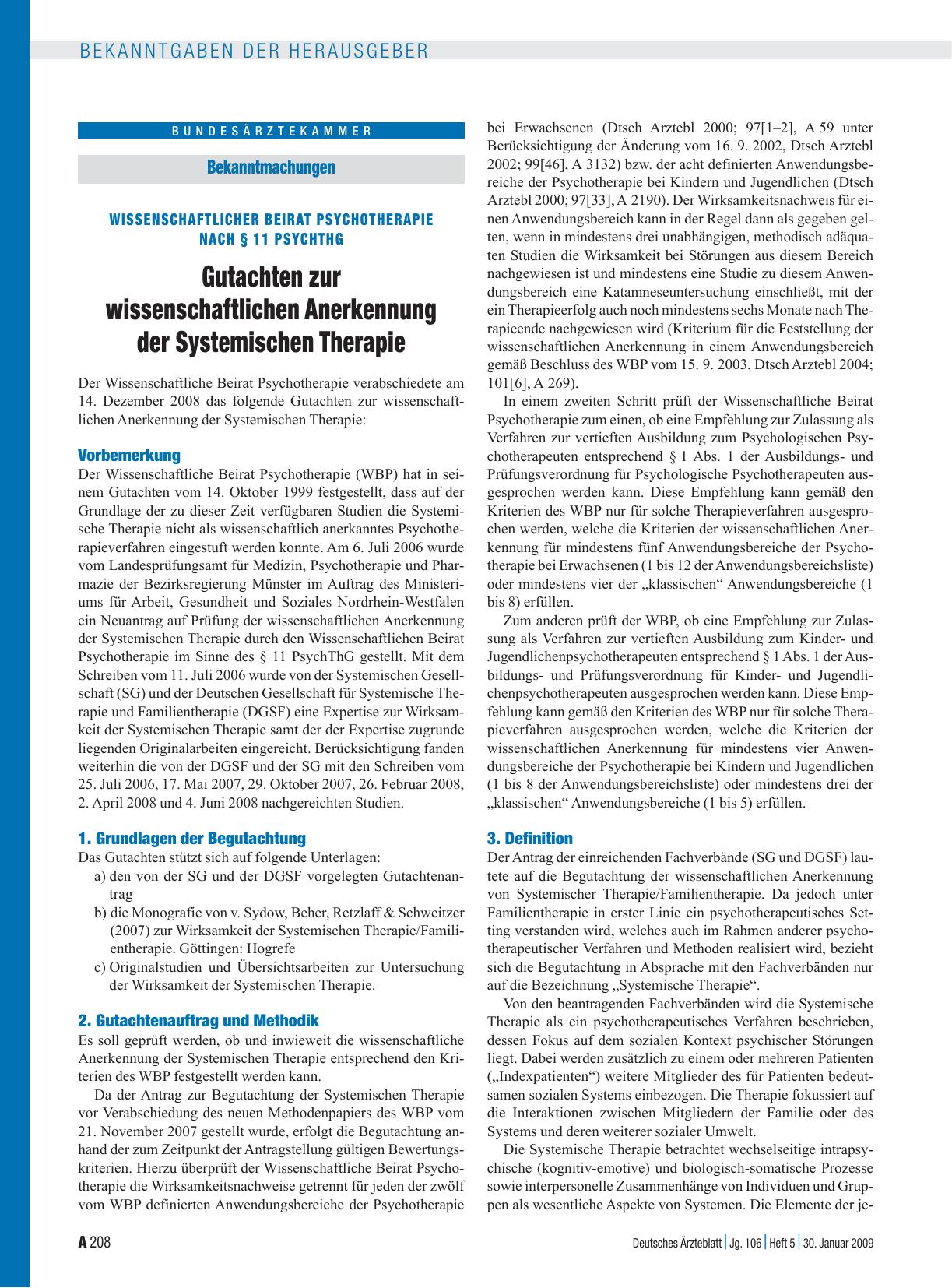 Vorschauseite 1: Bekanntmachungen - Wissenschaftlicher Beirat Psychotherapie nach § 11 PsychThG: Gutachten zur wissenschaftlichen Anerkennung der Systemischen Therapie