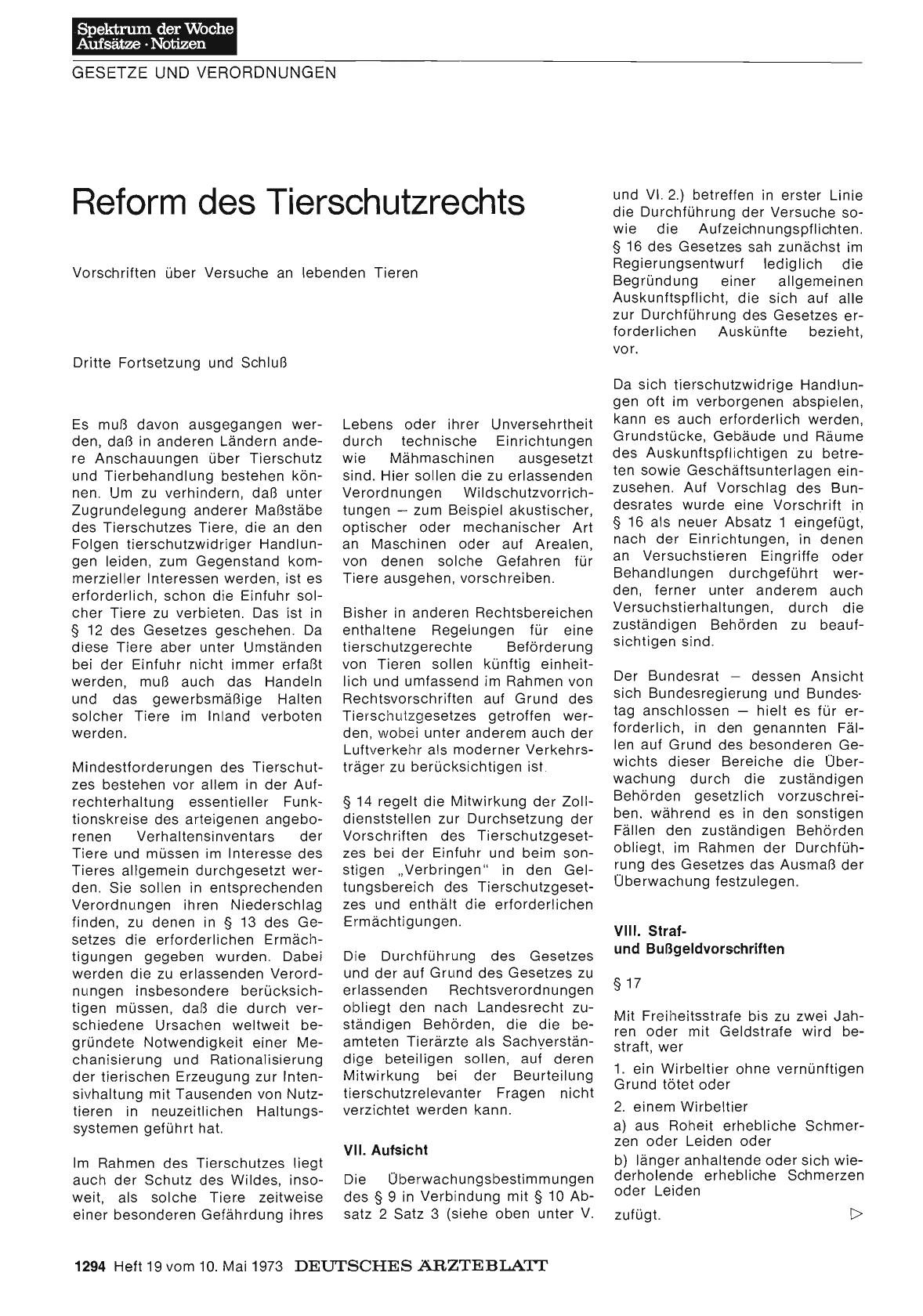 Vorschauseite 1: Reform des Tierschutzrechts