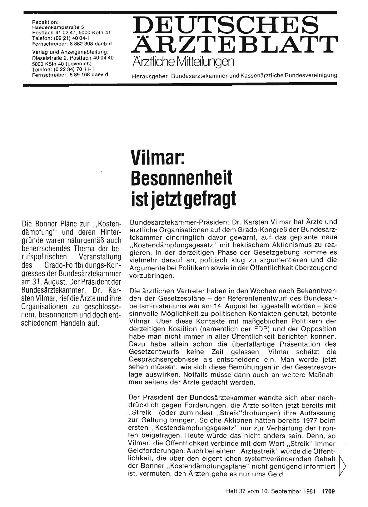 Vorschauseite 1: Vilmar: Besonnenheit ist jetzt gefragt
