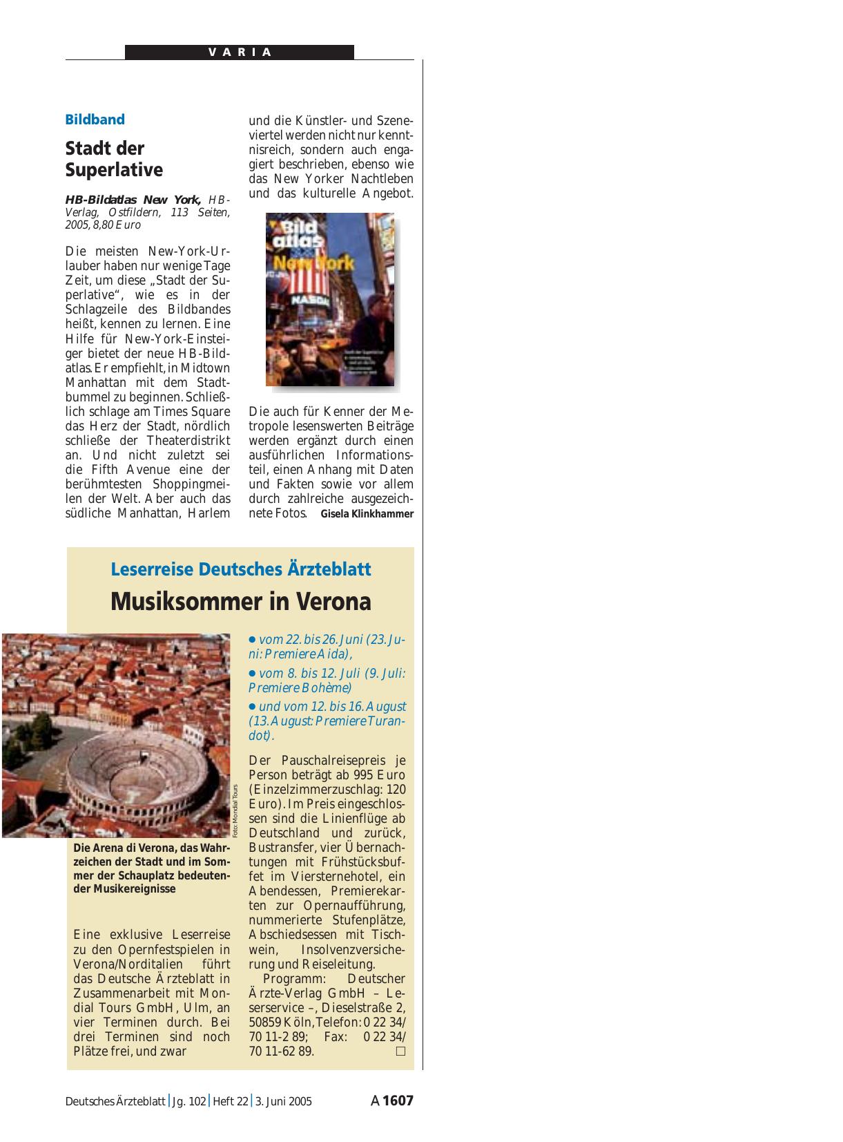 Vorschauseite 1: Leserreise Deutsches Ärzteblatt: Musiksommer in Verona