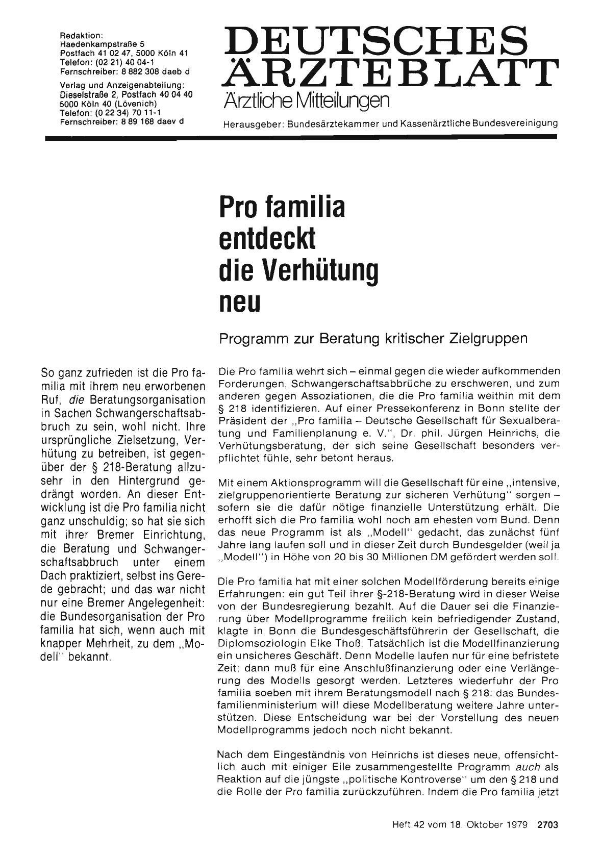 Vorschauseite 1: Pro familia entdeckt die Verhütung neu: Programm zur Beratung kritischer Zielgruppen