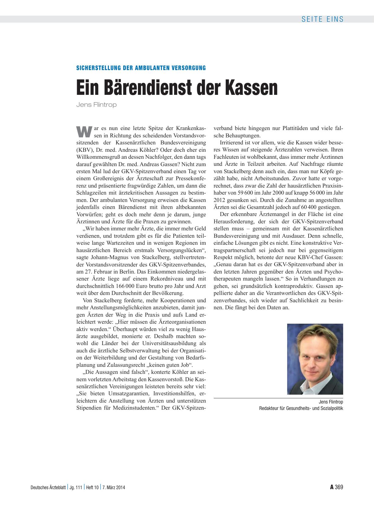 Vorschauseite 1: Sicherstellung der ambulanten Versorgung: Ein Bärendienst der Kassen