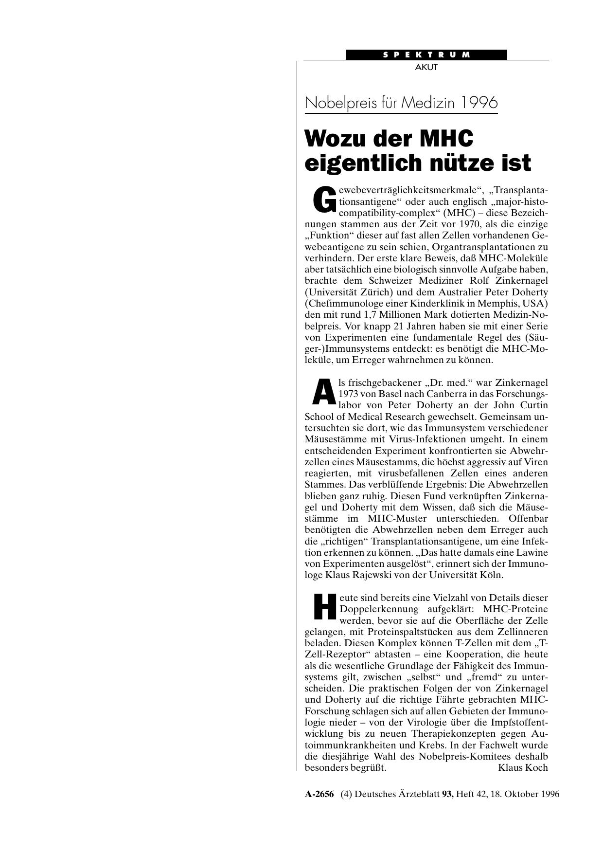 Vorschauseite 1: Nobelpreis für Medizin 1996: Wozu der MHC eigentlich nütze ist