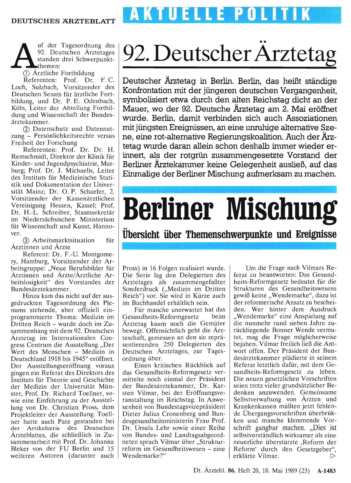 Vorschauseite 1: 92. Deutscher Ärztetag: Berliner Mischung: Übersicht über Themenschwerpunkte und Ereignisse