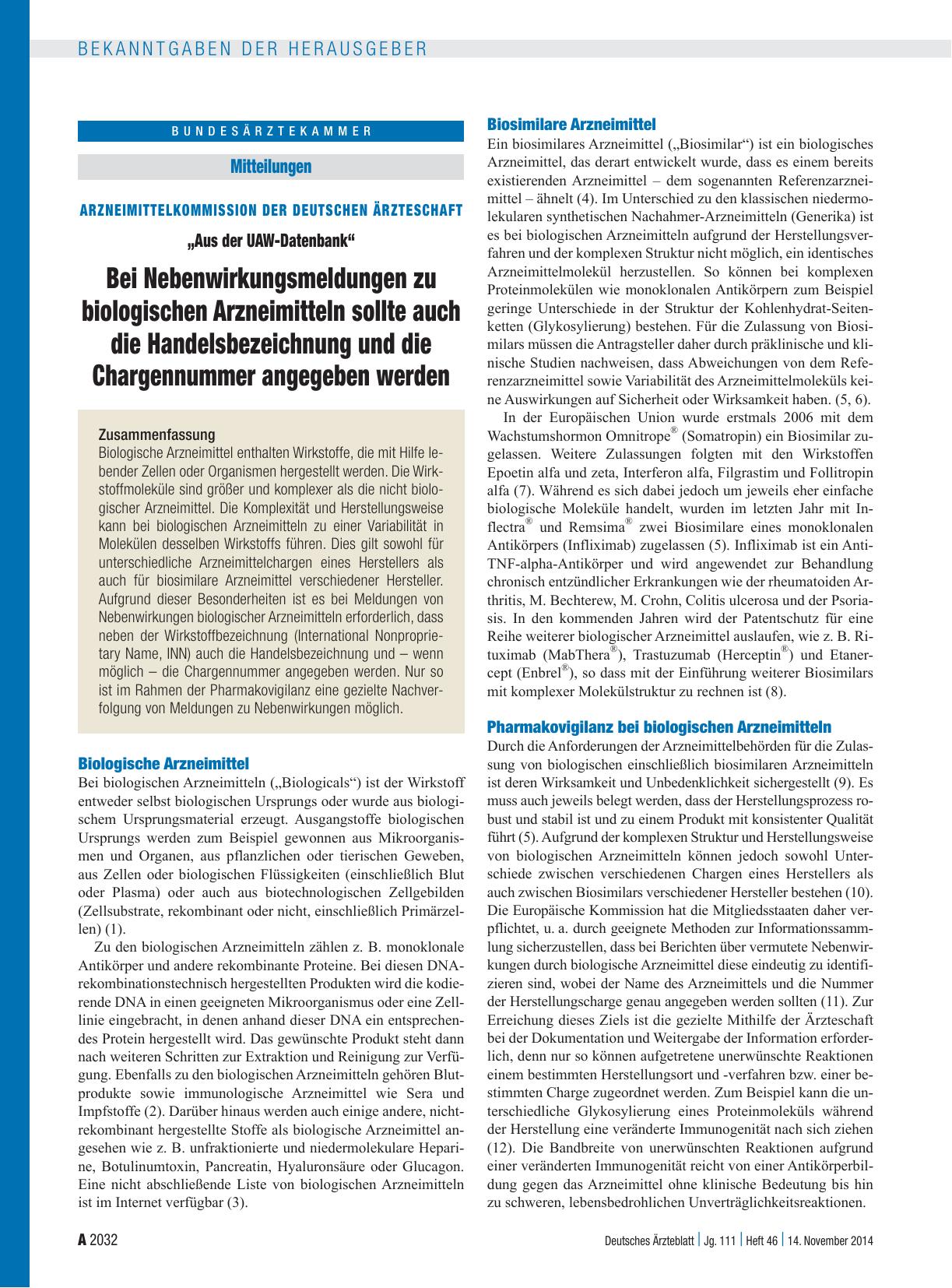 Vorschauseite 1: Arzneimittelkommission der Deutschen Ärzteschaft – „Aus der UAW-Datenbank“: Bei Nebenwirkungsmeldungen zu biologischen Arzneimitteln sollte auch die Handelsbezeichnung und die Cha…