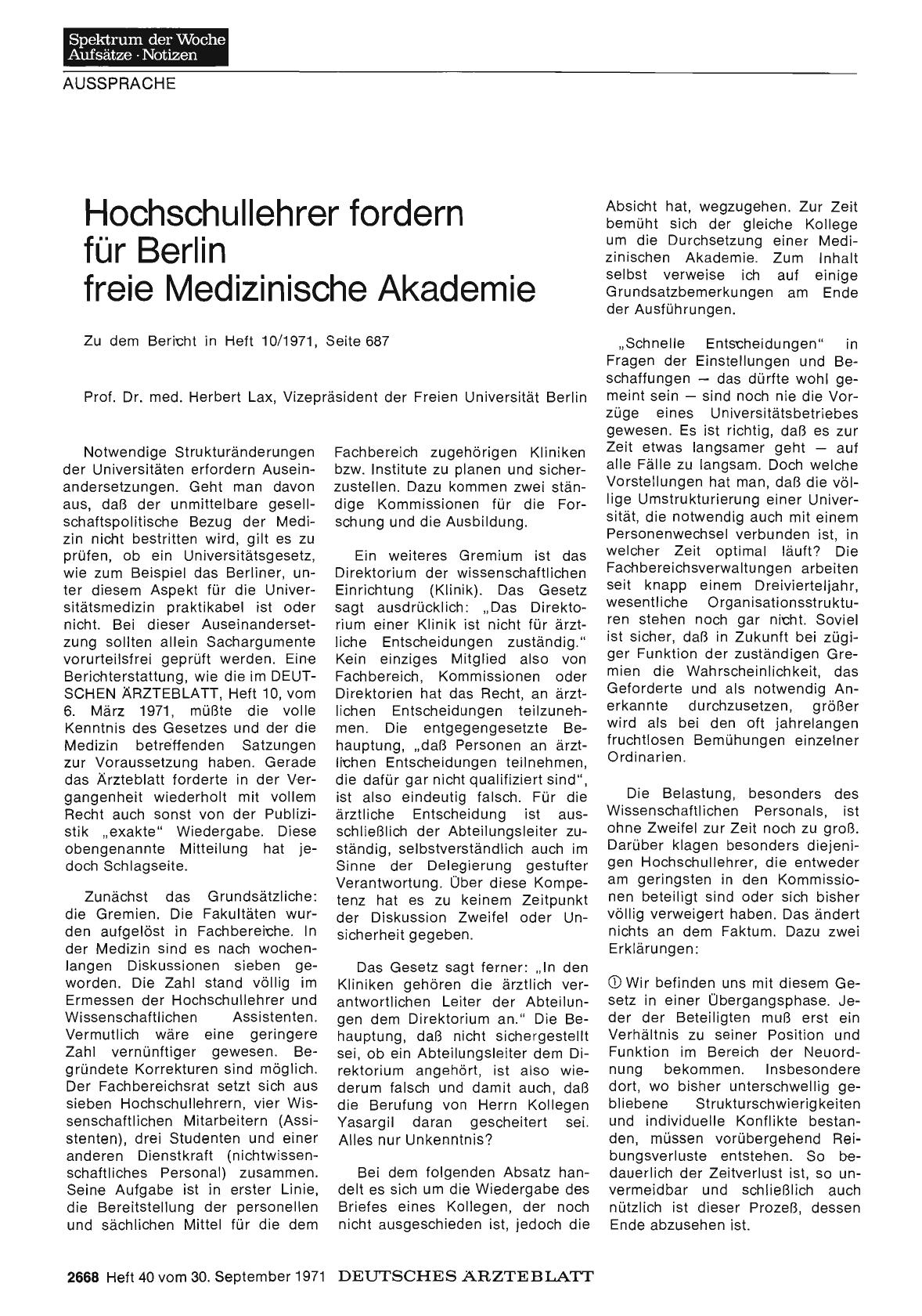 Vorschauseite 1: Hochschullehrer fordern für Berlin freie Medizinische Akademie