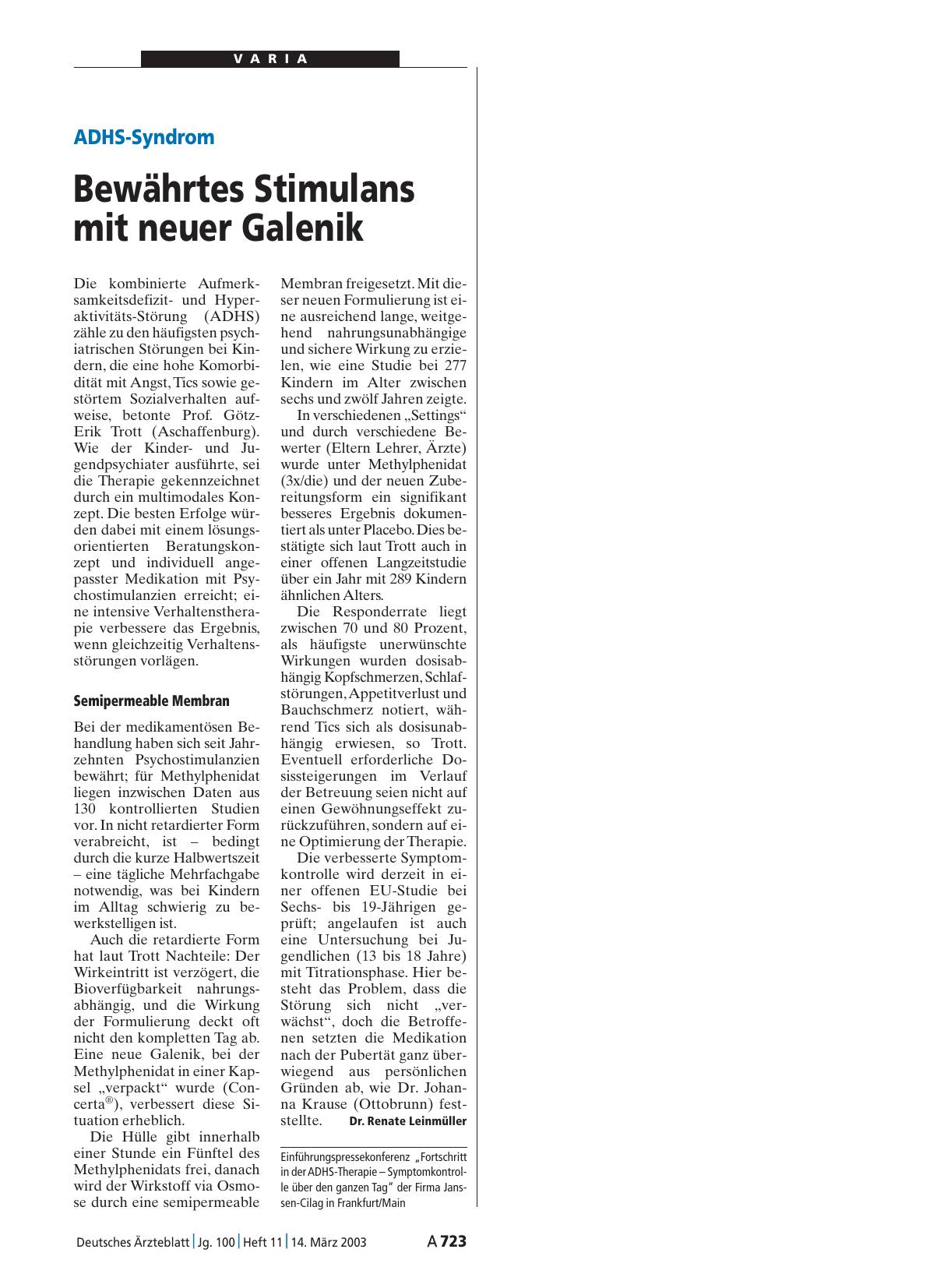 Vorschauseite 1: ADHS-Syndrom: Bewährtes Stimulans mit neuer Galenik