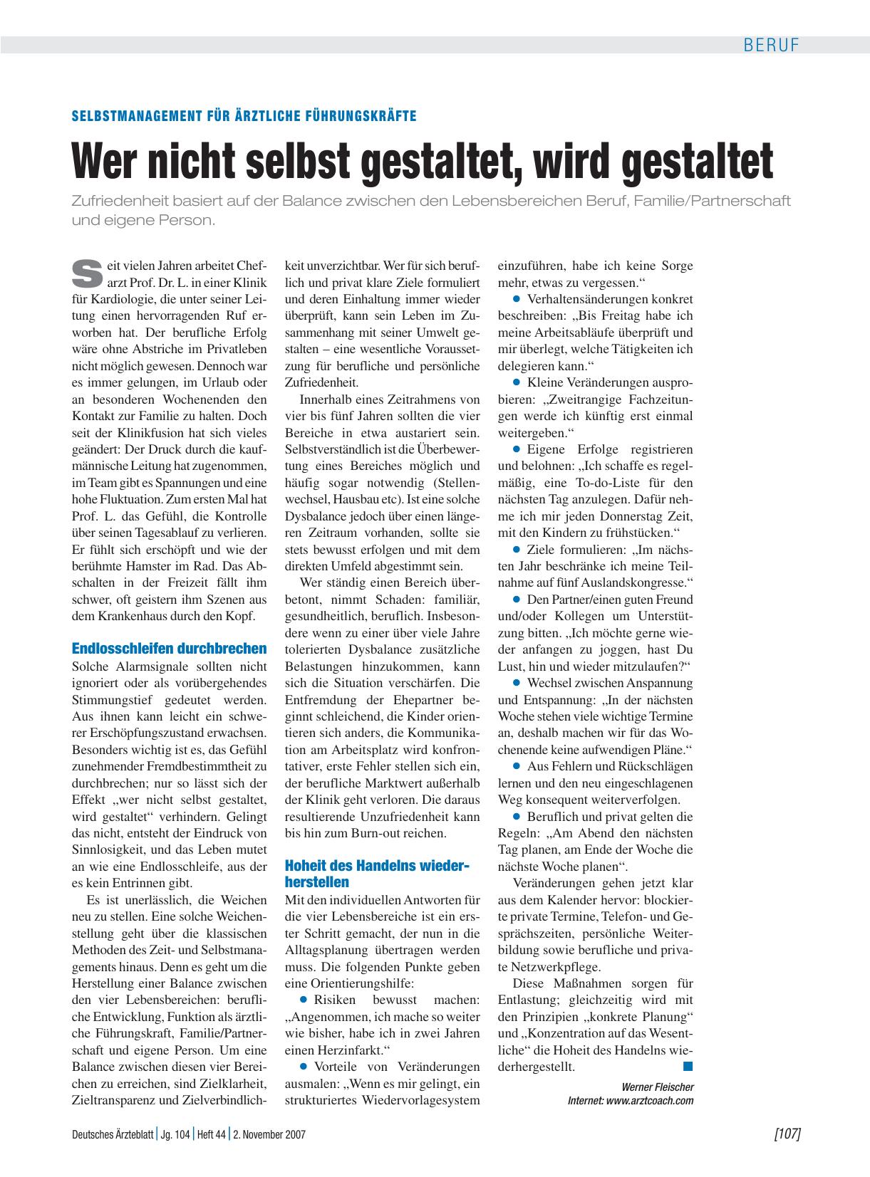 Vorschauseite 1: Selbstmanagement für ärztliche Führungskräfte: Wer nicht selbst gestaltet, wird gestaltet