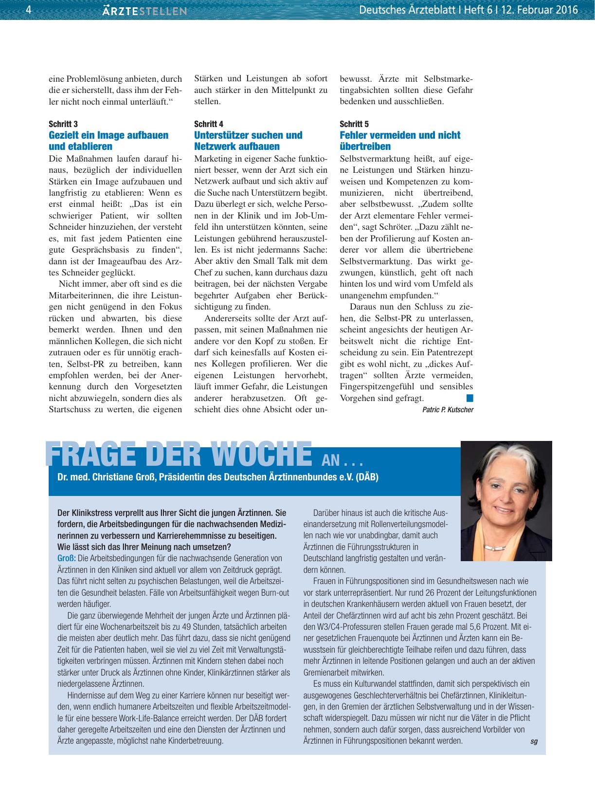 Vorschauseite 1: Frage der Woche an. .. Dr. med. Christiane Groß, Präsidentin des Deutschen Ärztinnenbundes e. V. (DÄB)