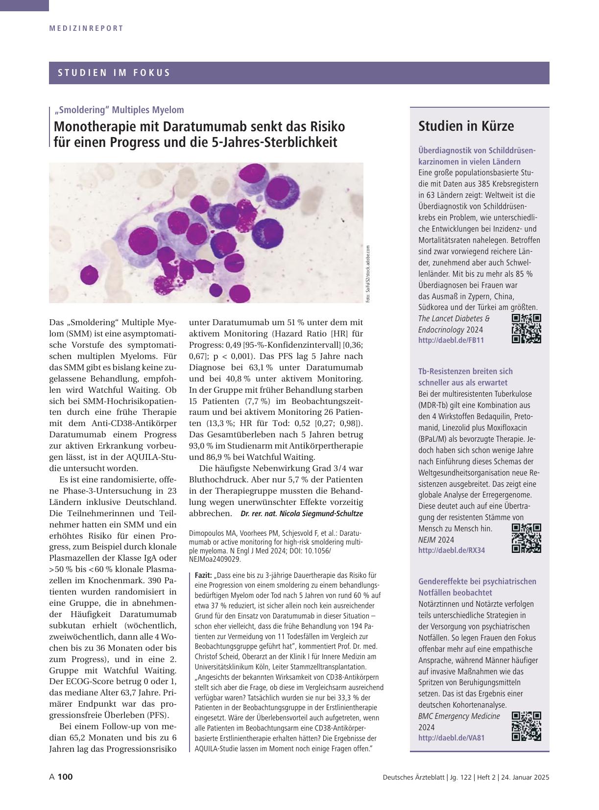 Vorschauseite 1: "Smoldering" Multiples Myelom: Monotherapie mit Daratumumab senkt das Risiko für einen Progress und die 5-Jahres-Sterblichkeit