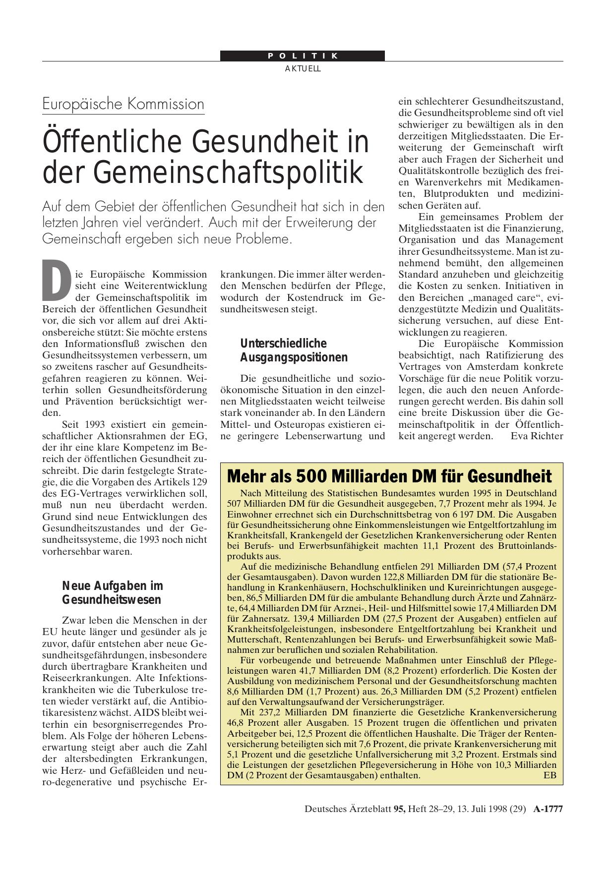 Vorschauseite 1: Mehr als 500 Milliarden DM für Gesundheit