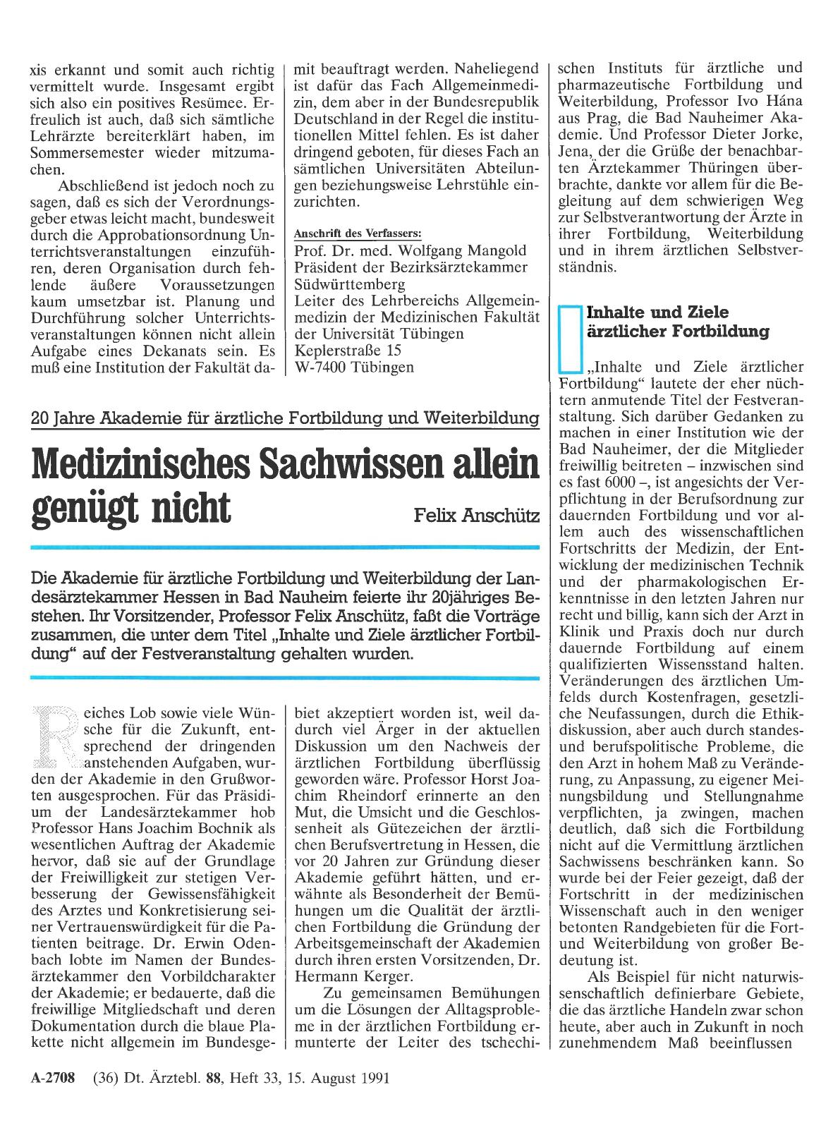 Vorschauseite 1: 20 Jahre Akademie für ärztliche Fortbildung und Weiterbildung: Medizinisches Sachwissen allein genügt nicht