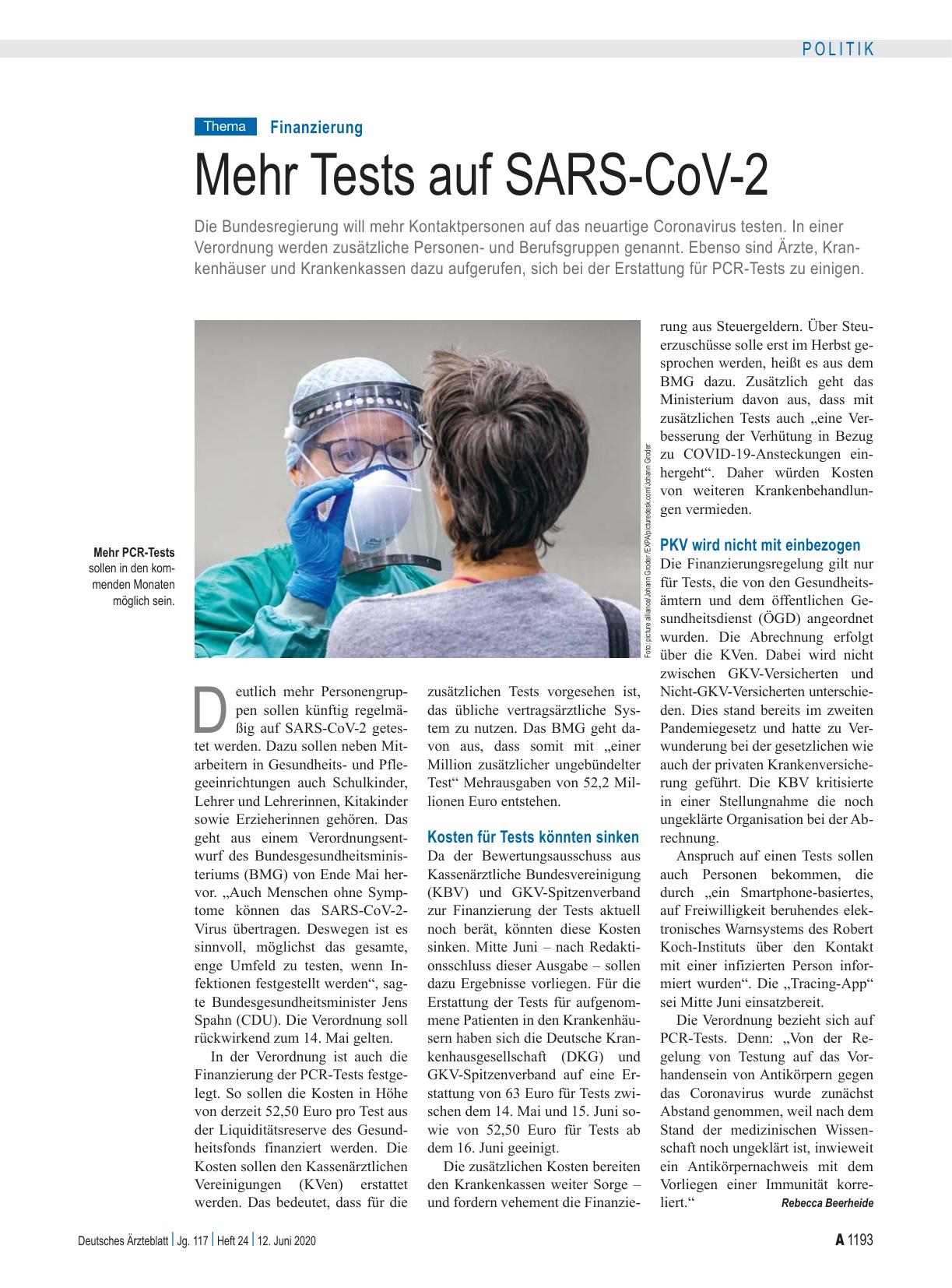 Vorschauseite 1: Finanzierung: Mehr Tests auf SARS-CoV-2