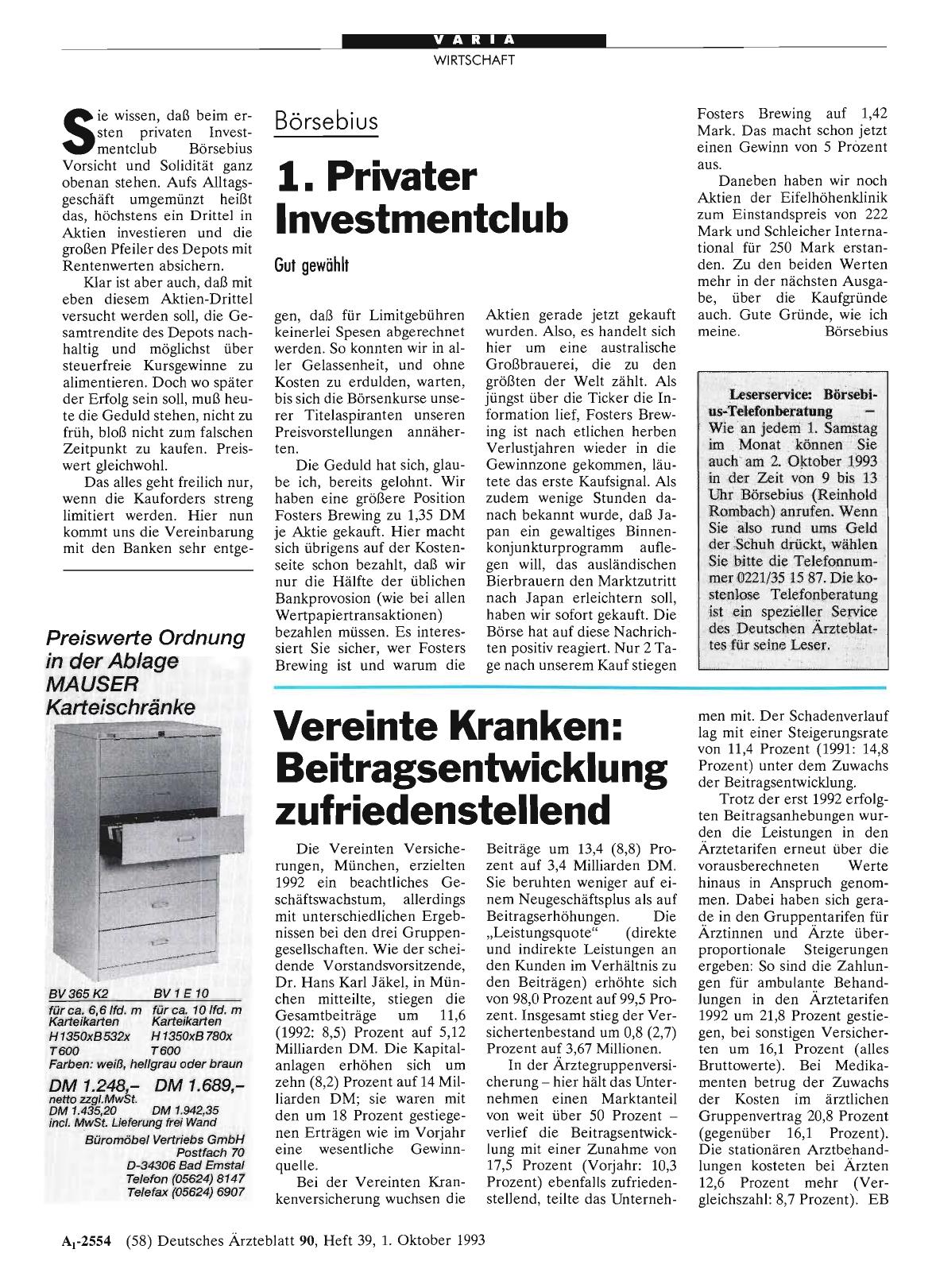 Vorschauseite 1: Vereinte Kranken: Beitragsentwicklung zufriedenstellend