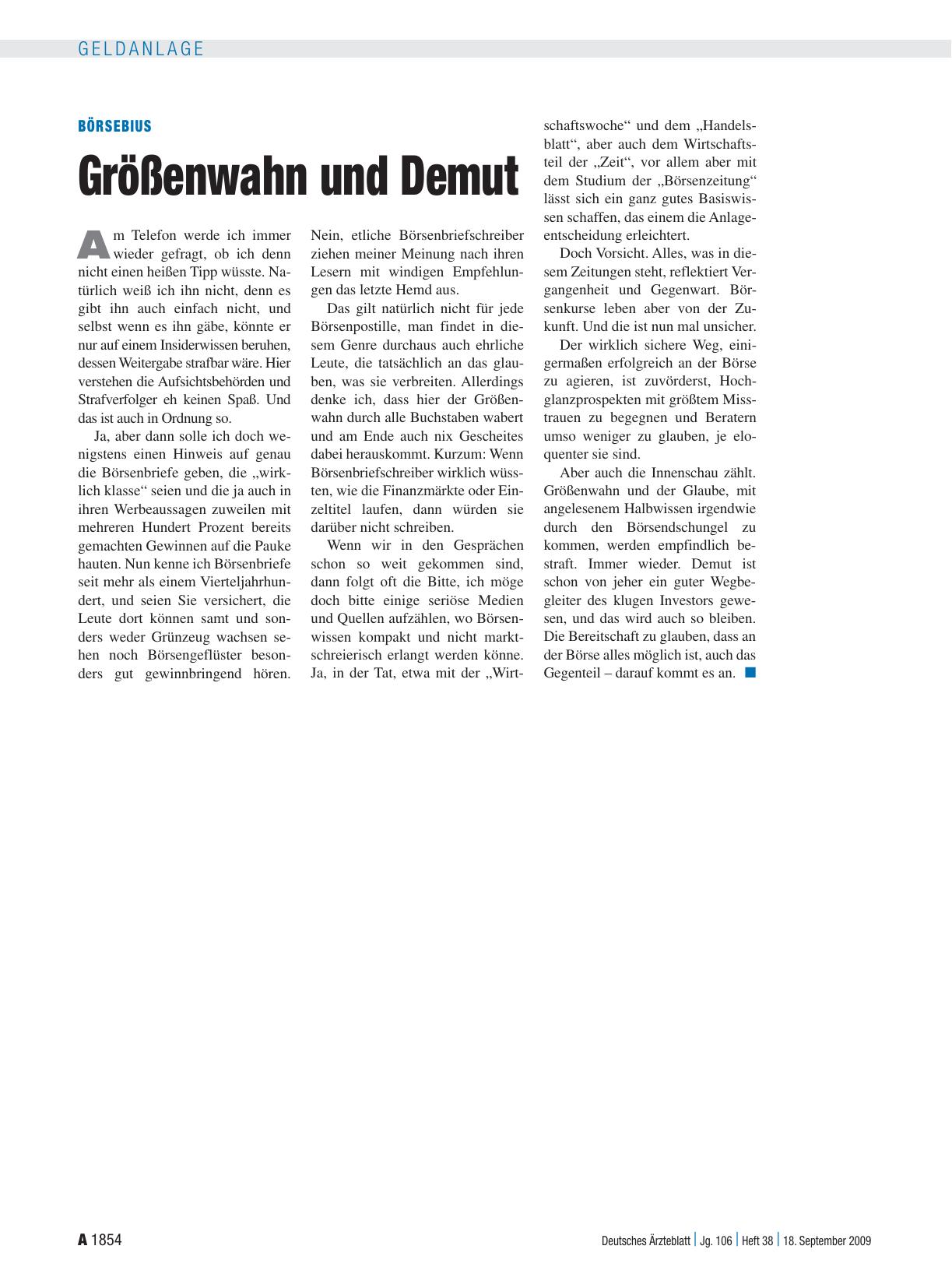 Vorschauseite 1: Börsebius: Größenwahn und Demut