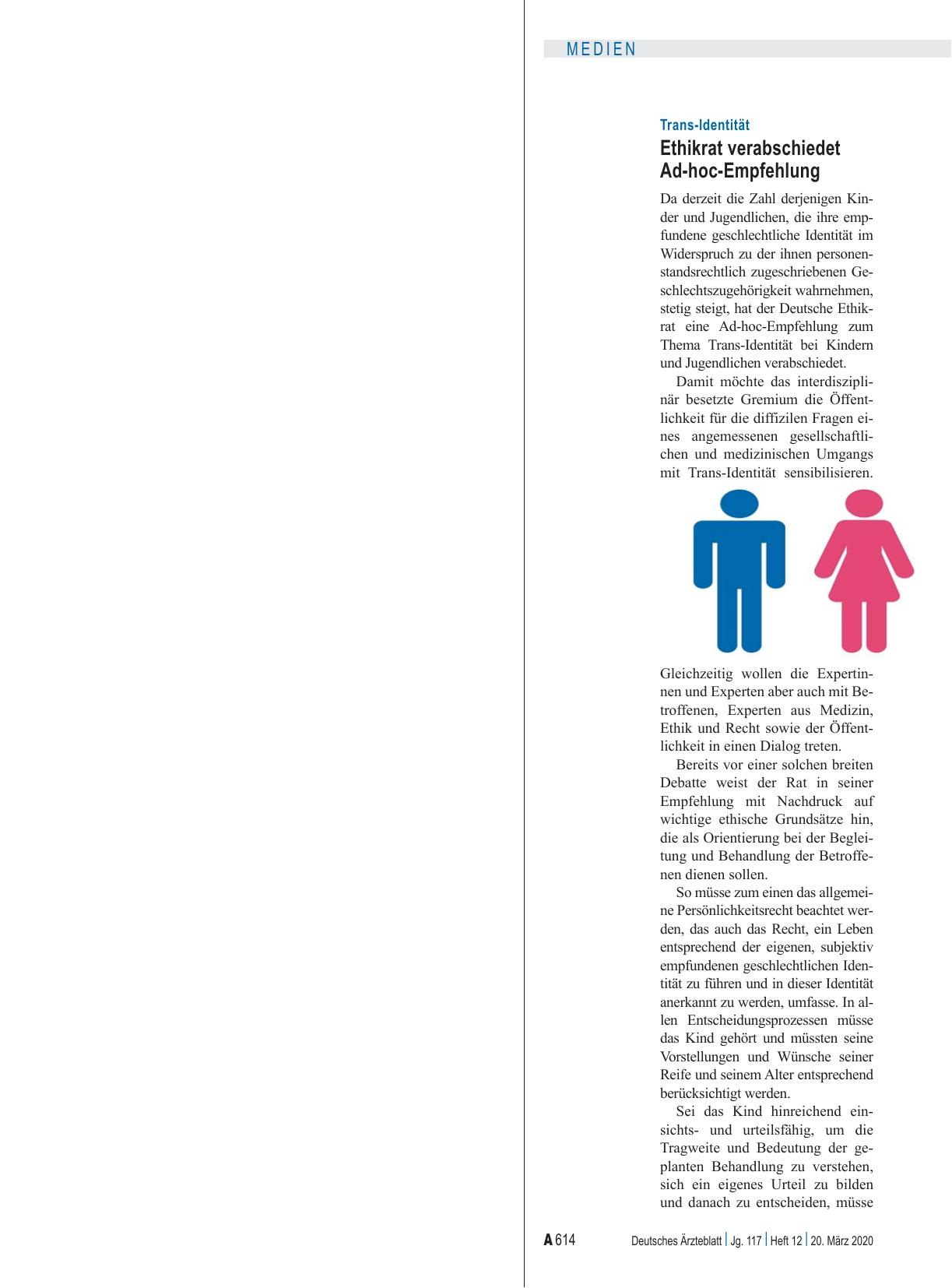 Vorschauseite 1: Trans-Identität: Ethikrat verabschiedet Ad-hoc-Empfehlung