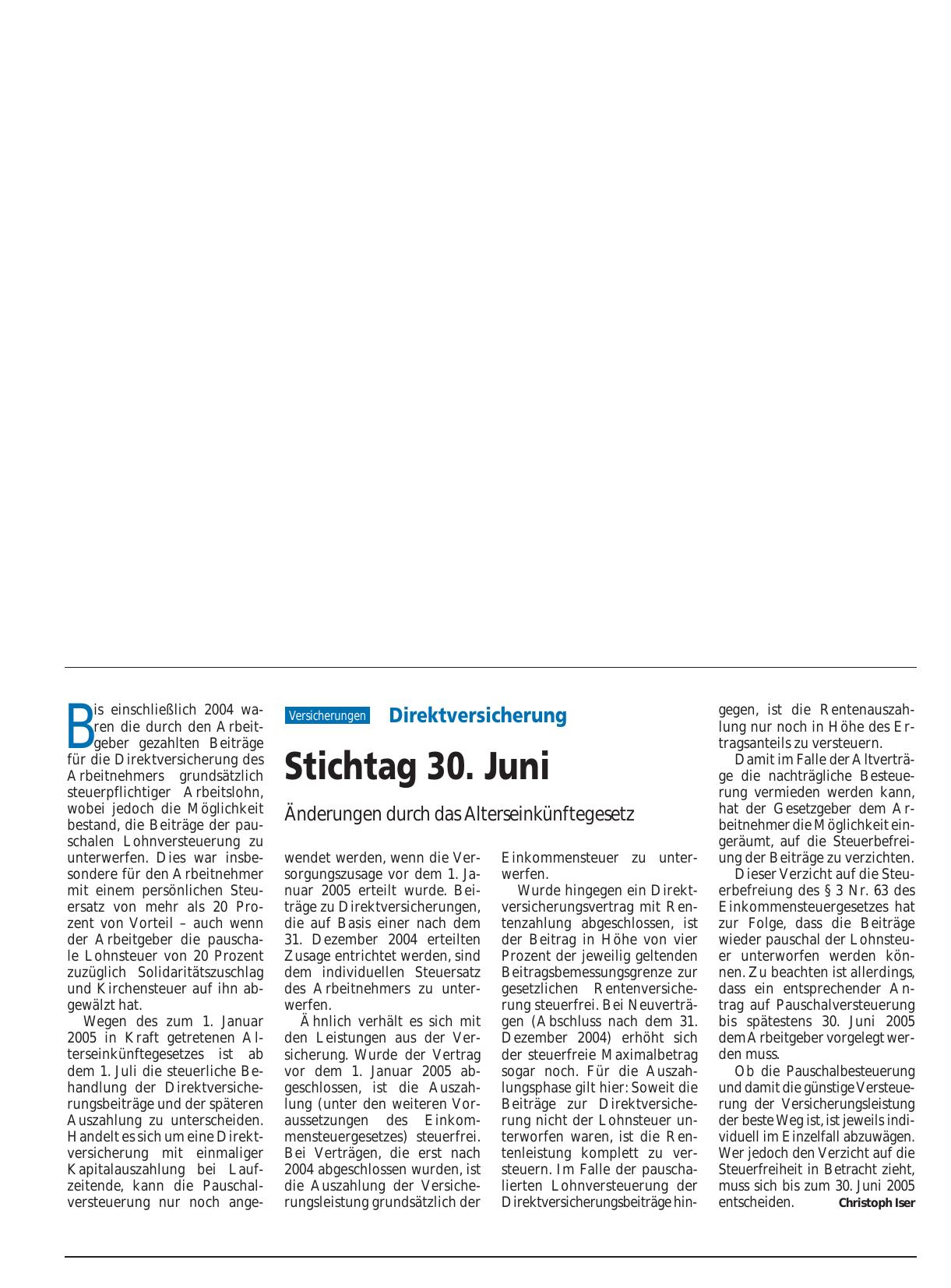 Vorschauseite 1: Direktversicherung: Stichtag 30. Juni